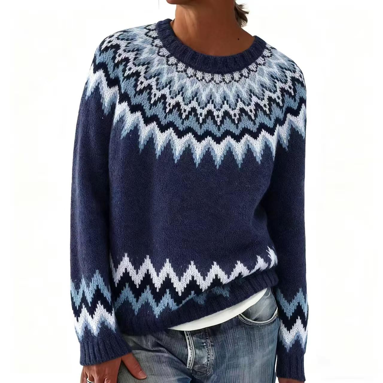 Womens Vintage Fair Isle Knit Pullover Oversized Casual Loose Crewneck Lightweight Long Sleeve Sweater Jumper Tops