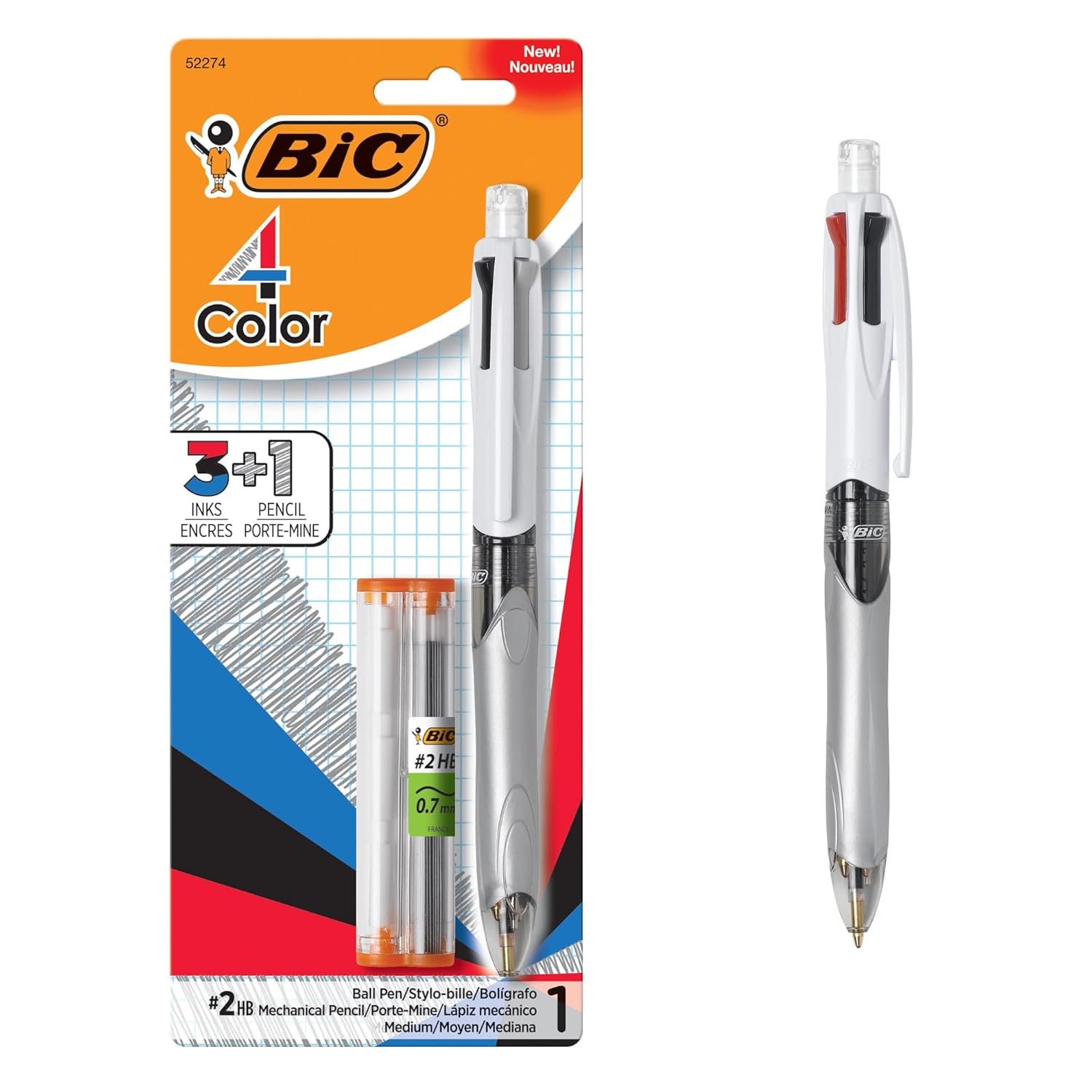BIC 4-Color 3 1 Retractable Ballpoint Pen with Red Blue Black Ink and 0 7 mm Mechanical Pencil