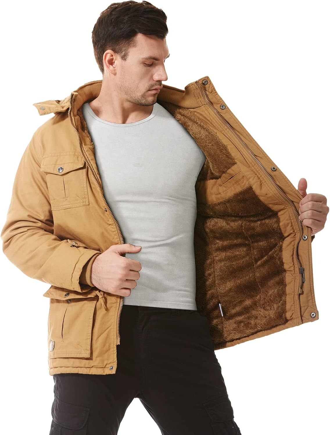 Mens Jacket Winter Casual Fleece Lined Cotton Thick Military Tactical Hooded Work Coats with Cargo Pockets - Image 4