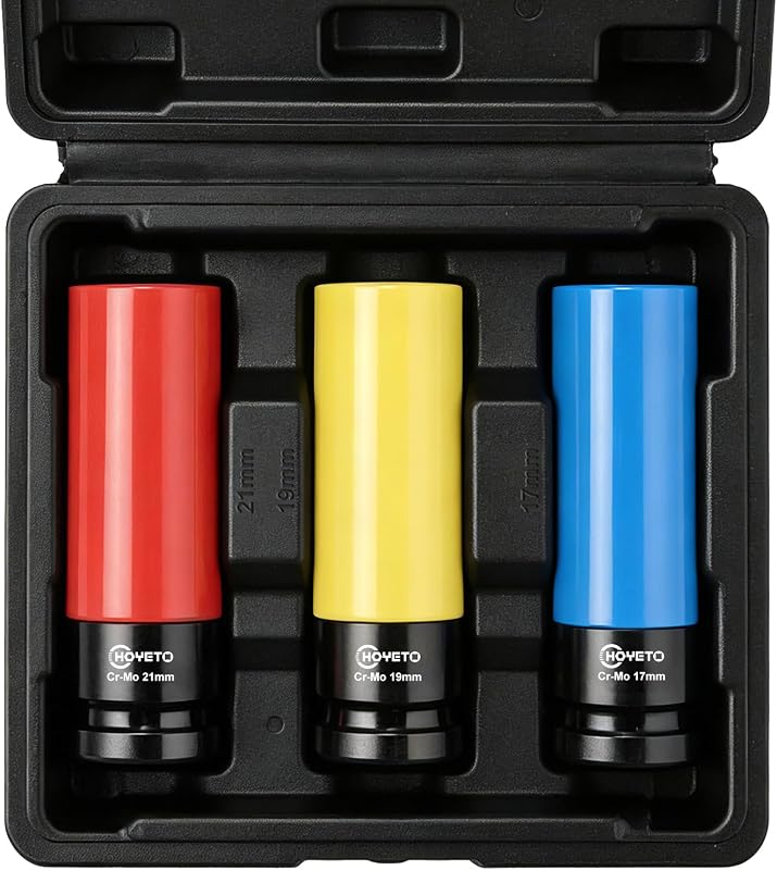 Jogo de Soquetes para Porcas de Roda HOYETO em Aço Cromo-Molibdênio, Parede Fina, 1/2 pol., 17/19/21 mm, com Estojo — 3 peças