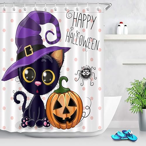 Miniatura 3 de LB Juego de cortina de ducha de calabazas de Halloween, diseño de gato mágico de dibujos animados, diseño de lunares, cortina de baño, ganchos para