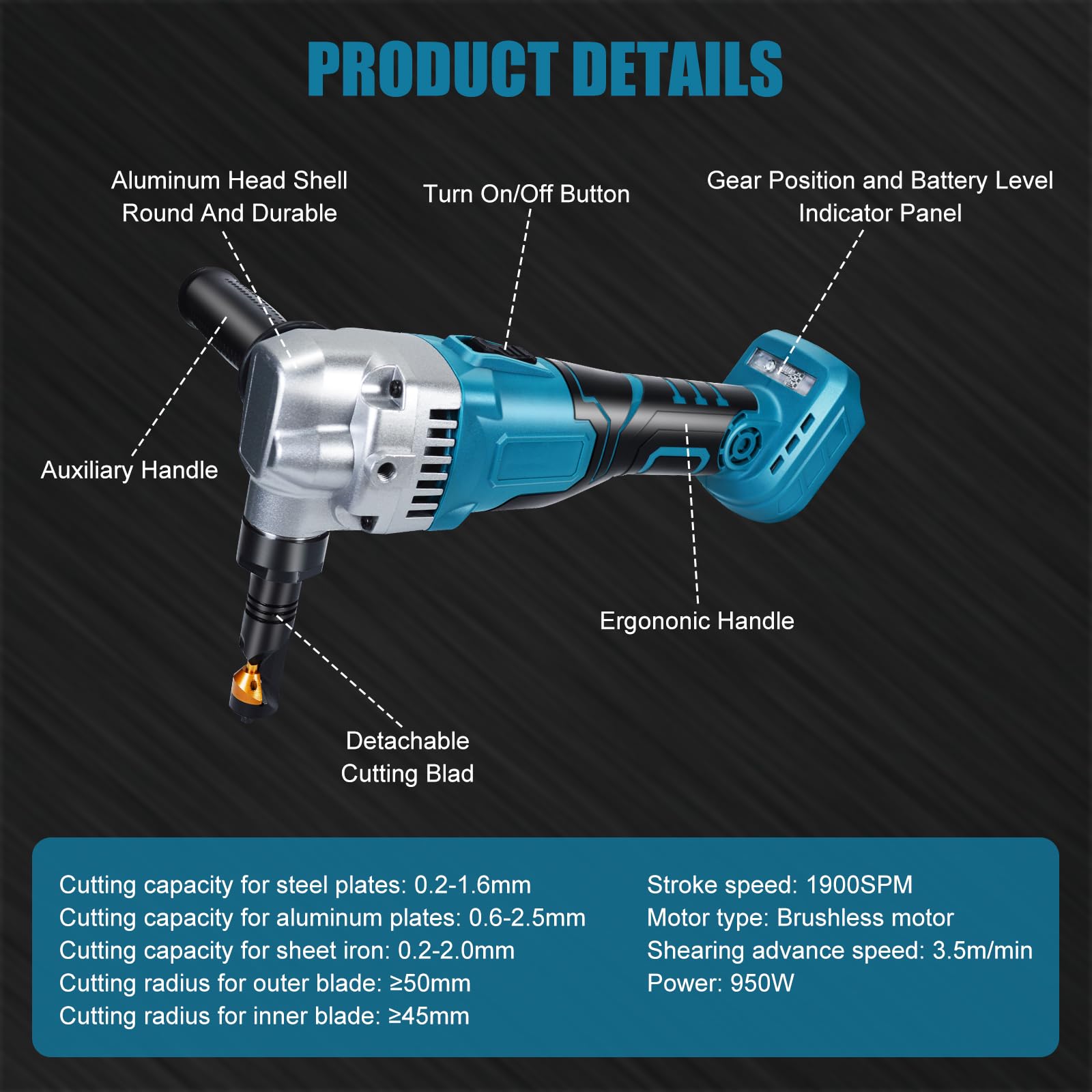 Grignoteuse de Métal Sans Fil Compatible Makita 18V, Cisaille à Métaux Électrique Sans Balais 3 Étages pour Acier Inoxydable, Aluminium