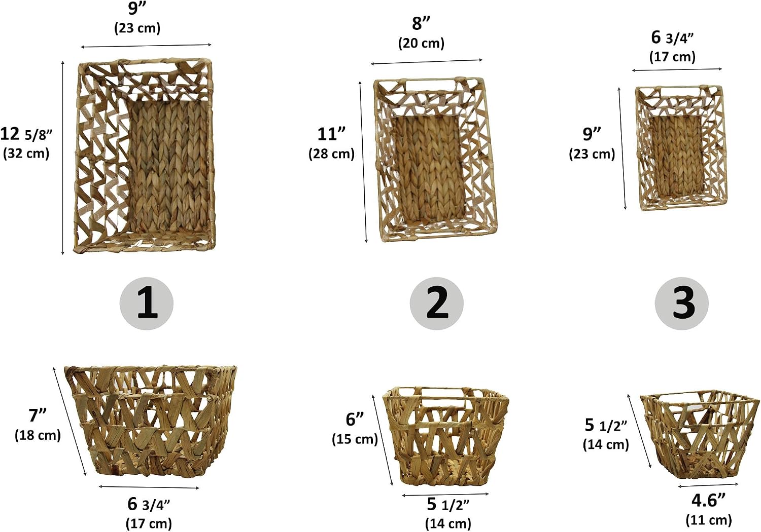 Flared Braided Water Hyacinth Baskets With Handles Natural Set of 3