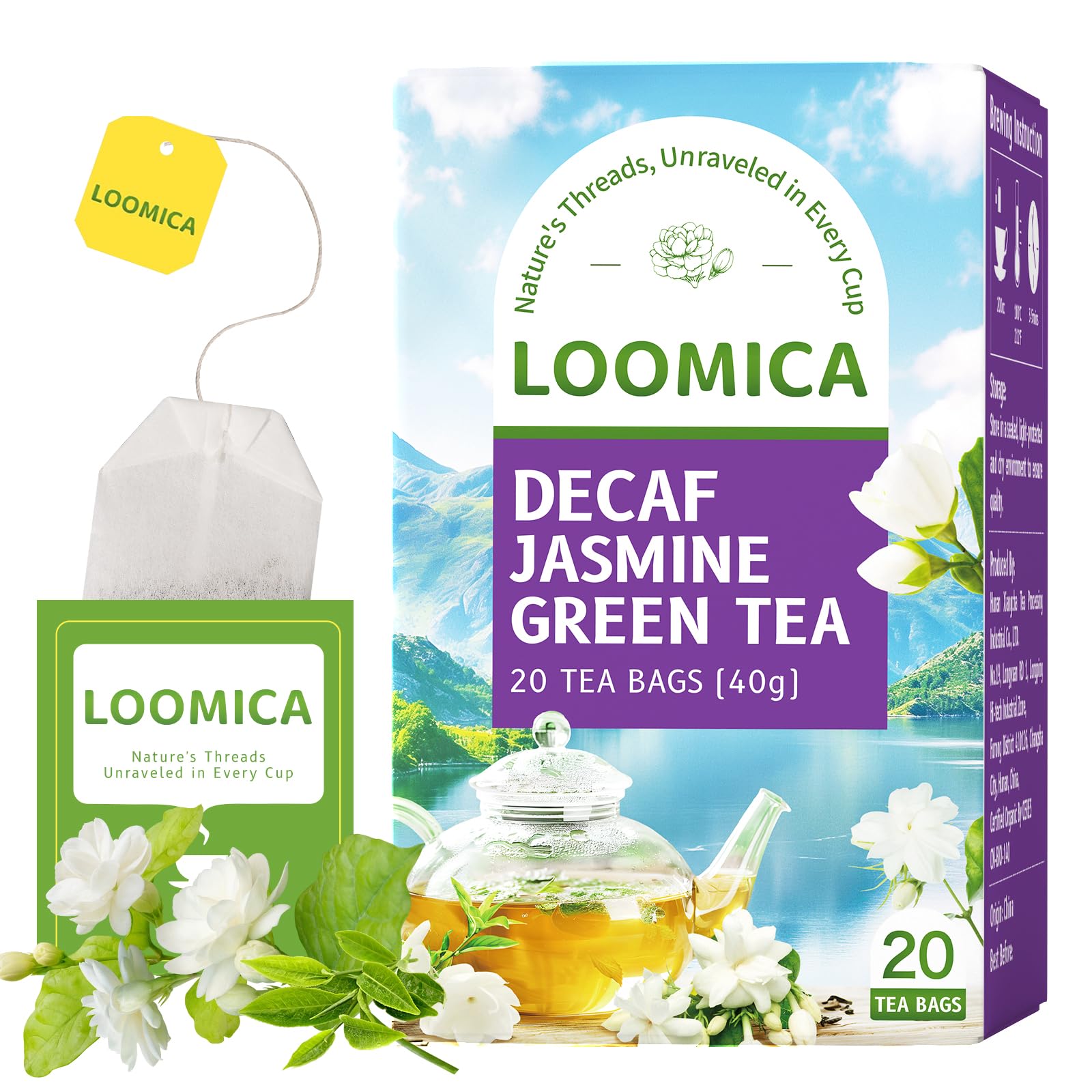 LOOMICA Decaf Jasmine Green Tea Bags, Smooth & Refreshing Jasmine Green Tea Bags, Naturally Fragrant with Fresh Blossoms, Perfect for Relaxation & Daily Enjoyment, No Artificial Sugar Added, 20 Counts