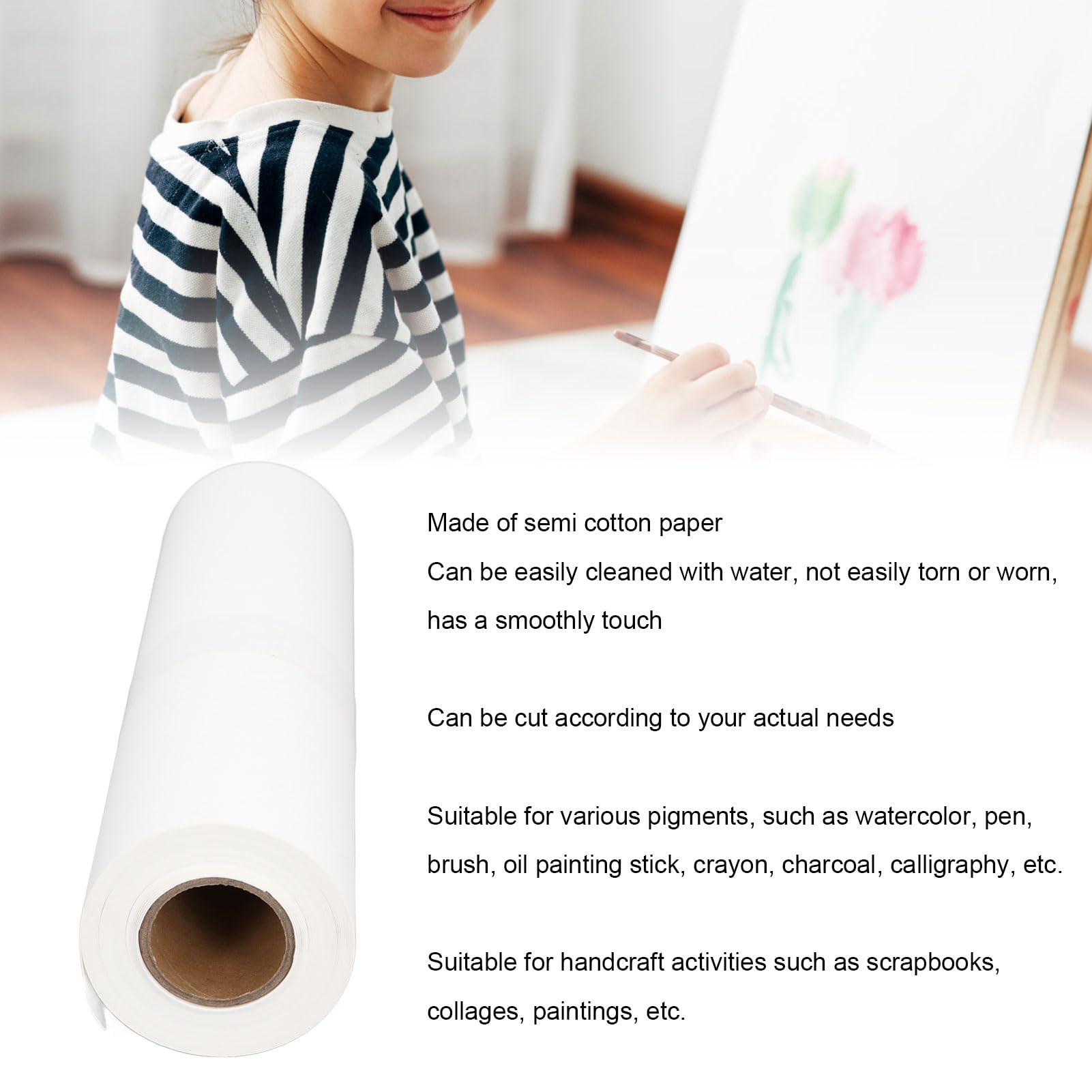 Rotolo di Carta per Acquerello, Rotolo Lungo 10 M, Carta per Acquerello in Cotone Bianco, Carta per Artisti, per attività Artigianali, Pittura, Facile da Pulire (39 cm*10 m)