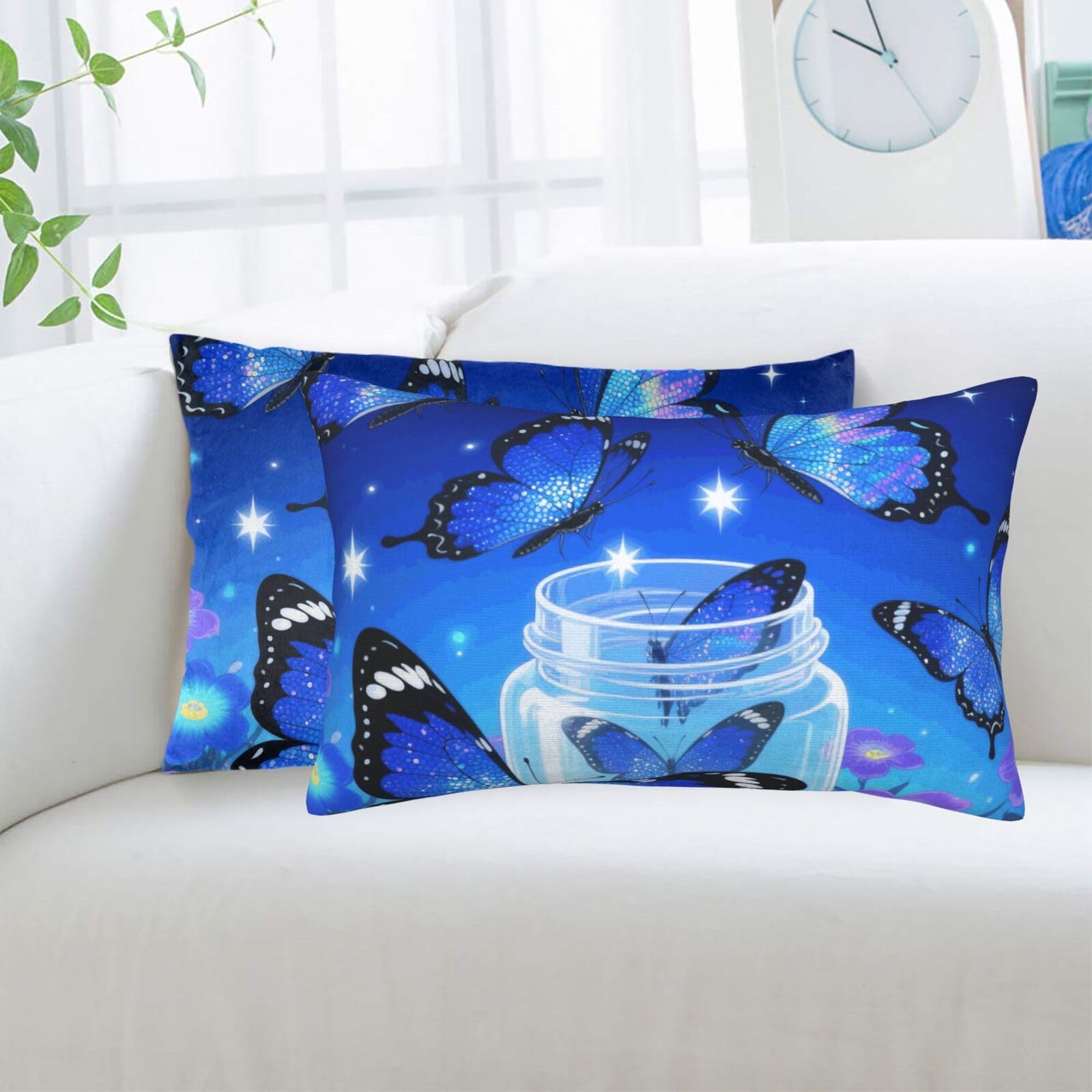 2 Pack Standard Pillowcases Sets, Ultra Soft Comfort Microfiber Plush Pillow Cases Blue Glitter Butterfly Decorative Throw Pillow Cover with Hidden Zipper for Bedroom, Sofa, Couch,16"X24"