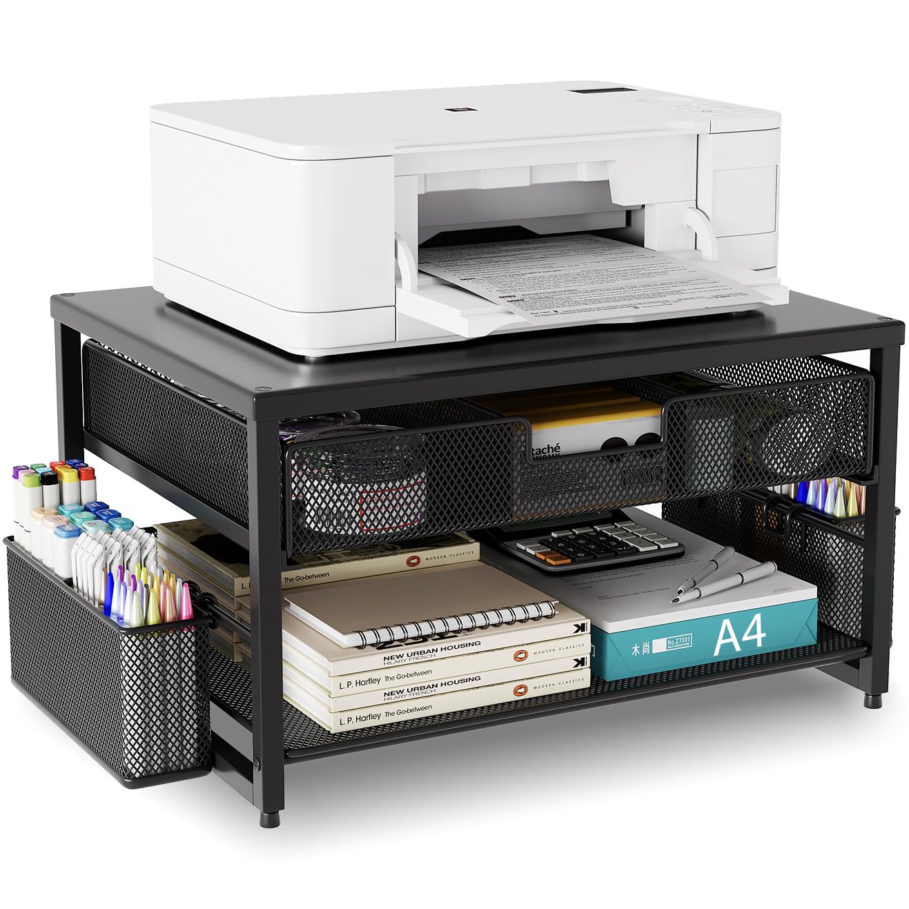 Supporto da scrivania in metallo per stampante con cassetto portaoggetti e 2 portapenne, 2 ripiani per stampante desktop con porta carta, organizer multiuso da scrivania da ufficio, nero