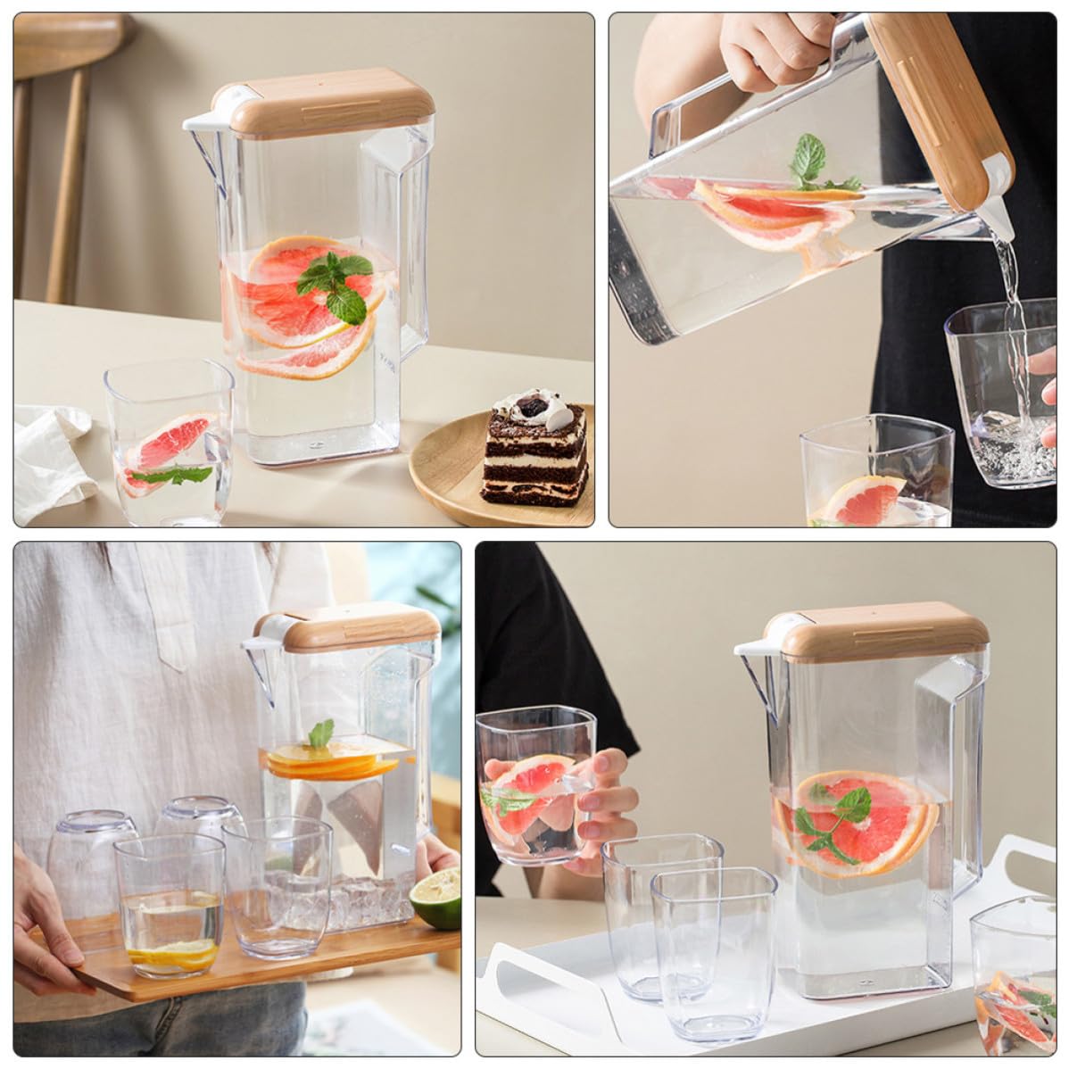 Jarra de Agua Fría de Plástico Asa 1600ml y Tapa Madera | As y Pp, Transparente, para Bebida Casera y Té Helado, Uso en Cena o Barbacoa