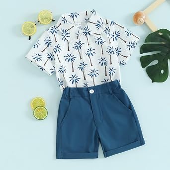 Toddler Baby Boy Clothes Summer Outfits Short Sleeve Button Down Shirt Tops + Solid Shorts Clothing Set