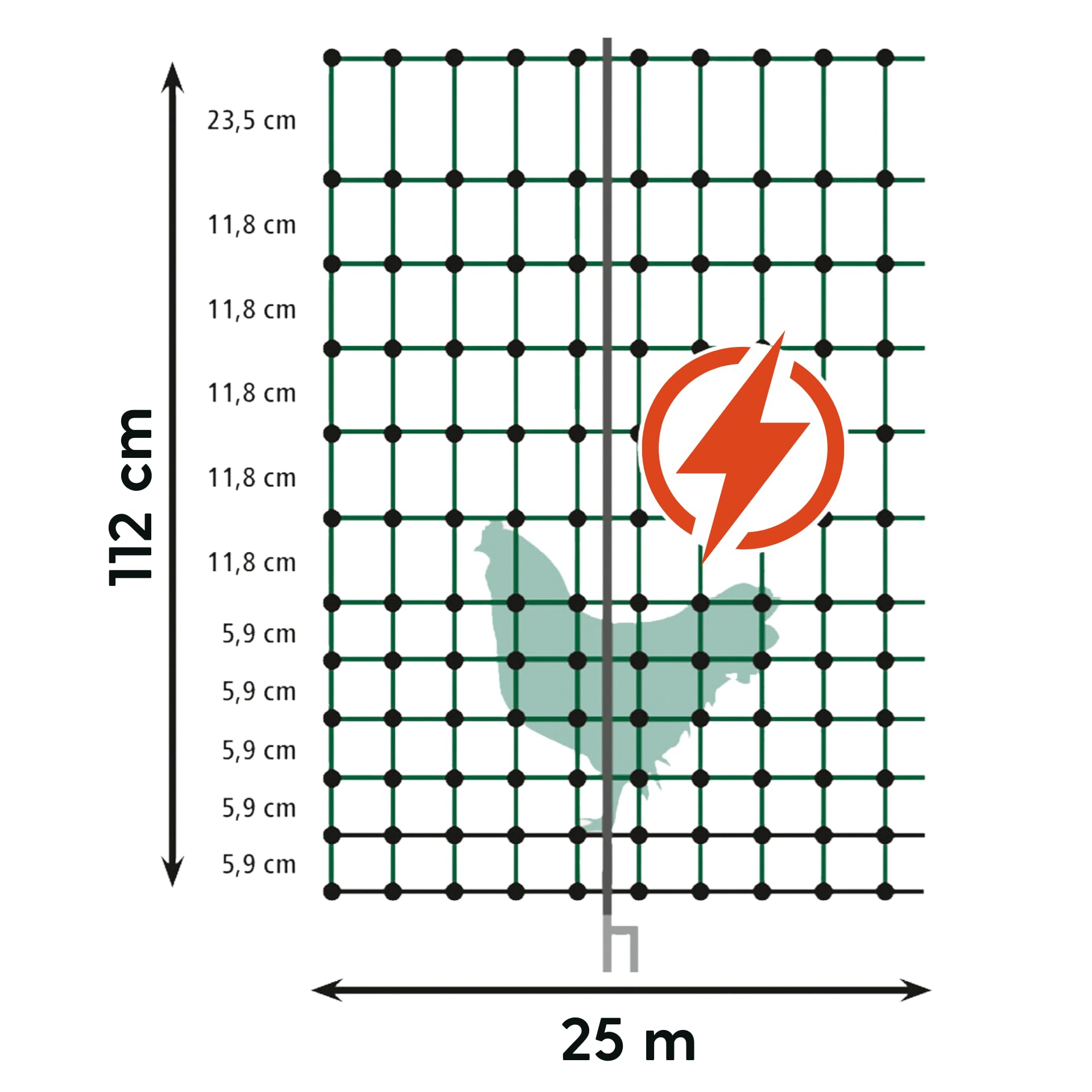 Agrarzone siatka dla drobiu ogrodzenie dla drobiu z elektrycznością pomarańczowa 25m x 112cm | Ogrodzenie elektryczne siatka elektroniczna podwójną końcówką palikami | Mały rozmiar oczka solidne