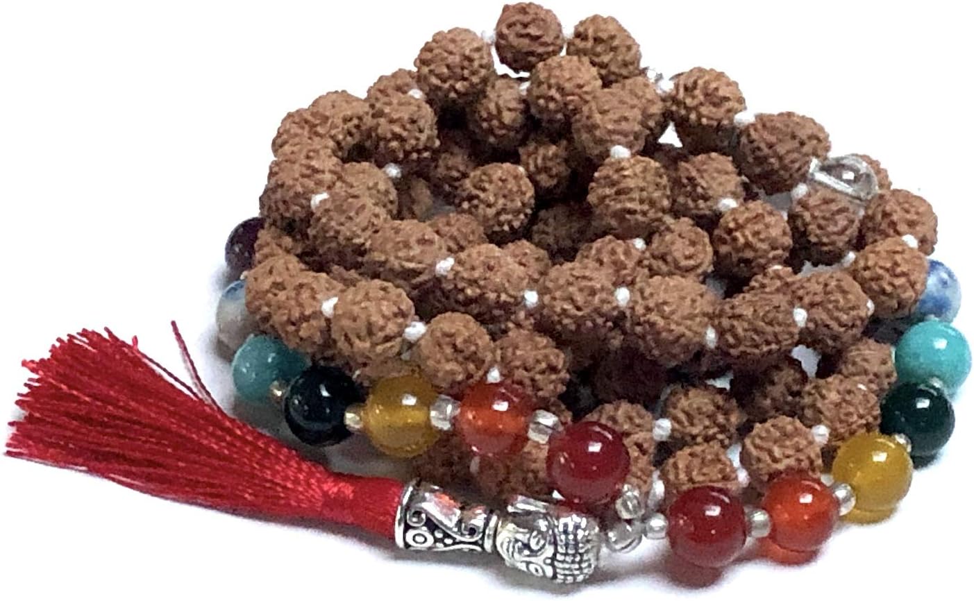 Energized 7 Chakra mala Hand Knotted 108 mala beads necklaces - Japa mala - Buddhist prayer beads - Meditation beads - Healing crystals for men women (Rudraksha 7 Chakra mala)