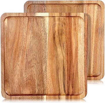Solid Acacia Wood Serving Plates Set of 2  Square Wooden Serving Boards for Appetizers, Cheese & Desserts   Ideal Rustic Tableware & Decorative Tray