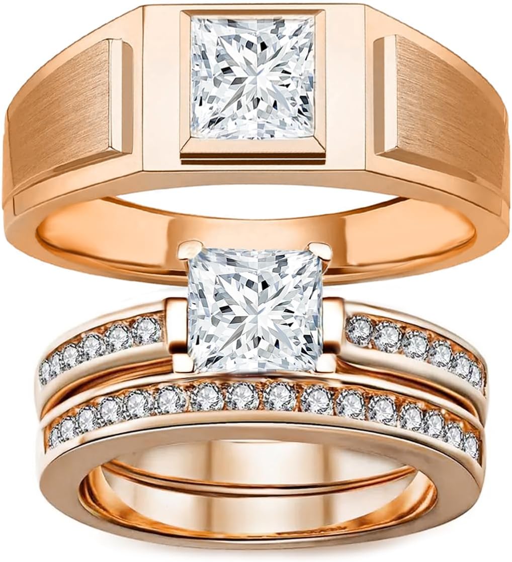 1-3 Carat Moissanite Couple Wedding Bands Ring Set for Women and Men Couple Matching S925 Silver 10K 14K 18K Gold Engagement Rings Sets 3pcs Bridal Rings Set for Her and Him Free Engraving