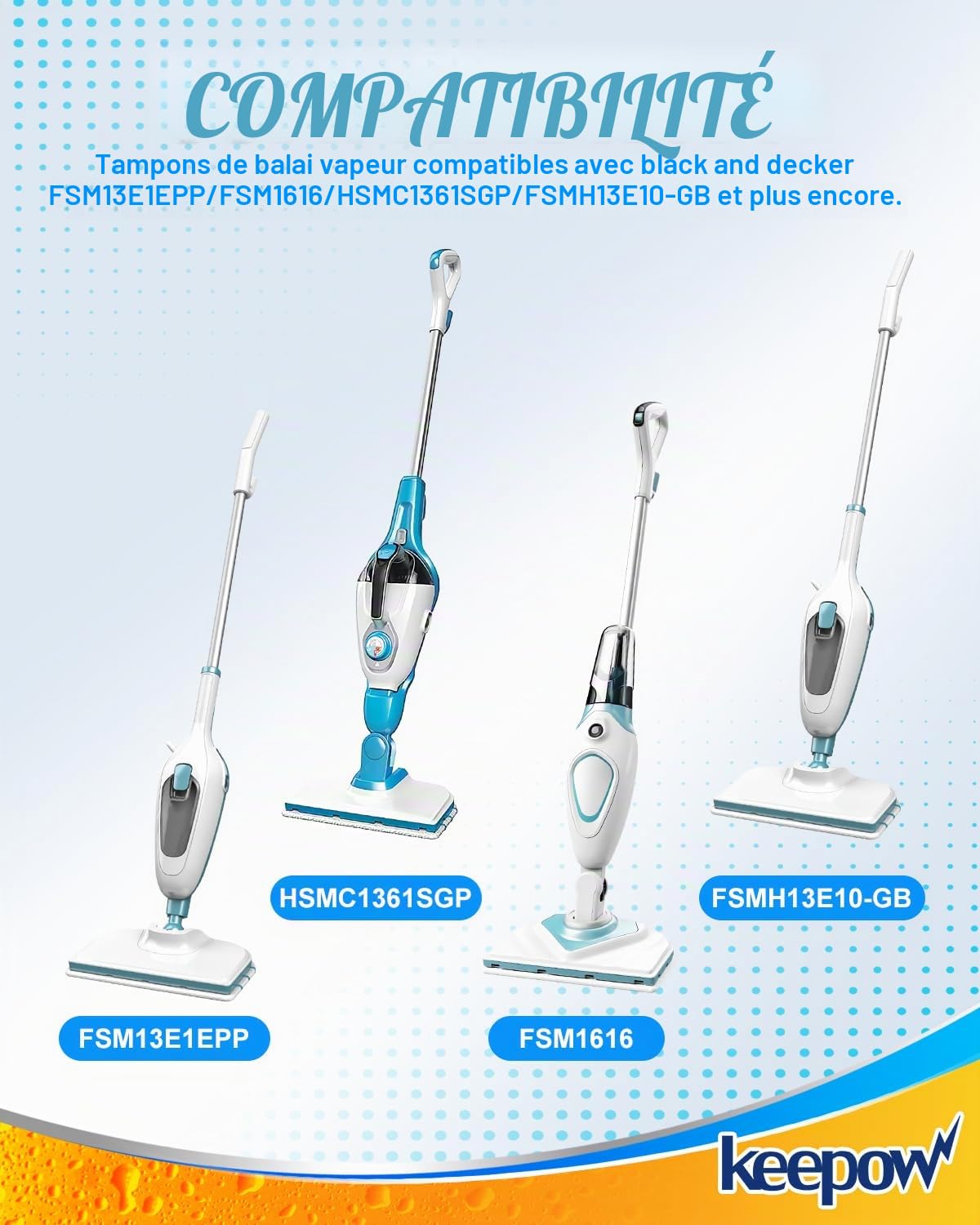 KEEPOW 5 Lingettes pour Black et Decker Balais Vapeur, Compatible avec Black et Decker Steam Mop FSM1630S/FSMP20