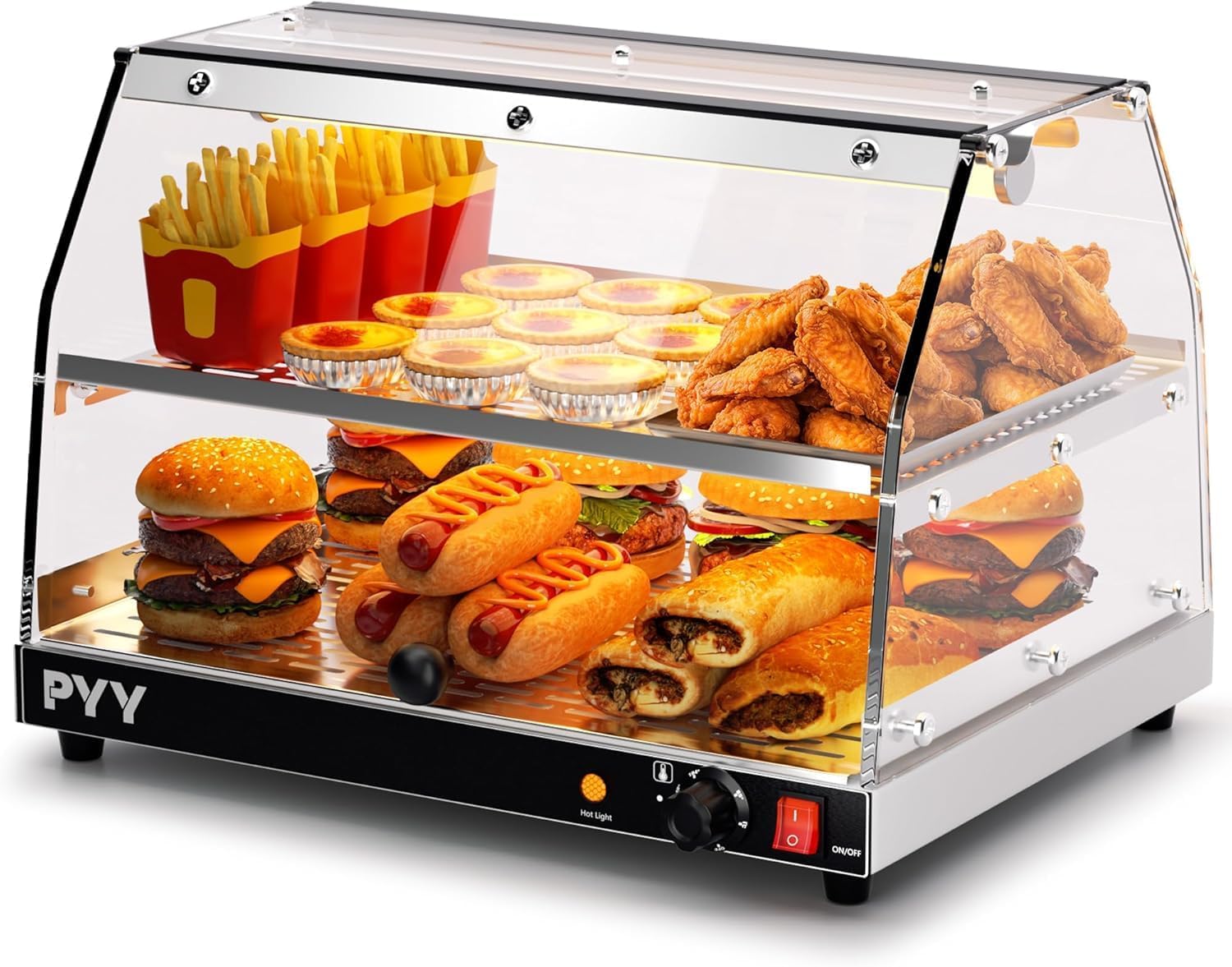 PYY Commercial Food Warmer Display, 2-Tier Electric Countertop Food Warmer with LED Lighting Adjustable Glass Door, Pastry Display Case for Restaurant Black