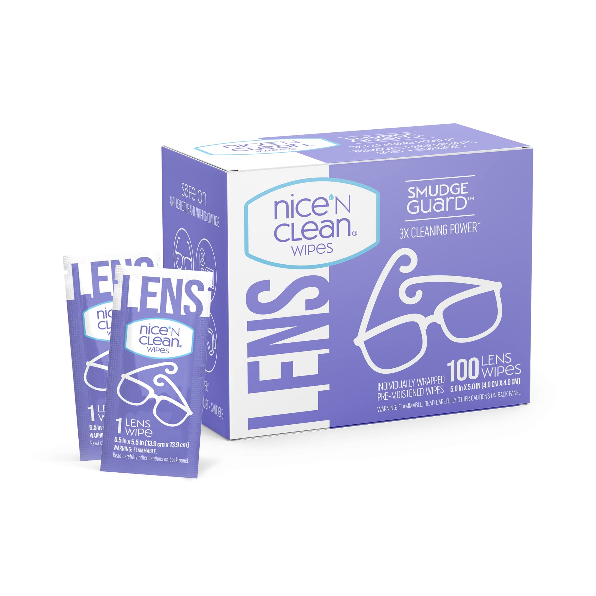 Nice 'n Clean SmudgeGuard Lens Cleaning Wipes (100 Total Wipes) | Pre-Moistened Individually Wrapped Wipes | Non-Scratching & Non-Streaking | Safe for Eyeglasses, Goggles, & Camera Lens