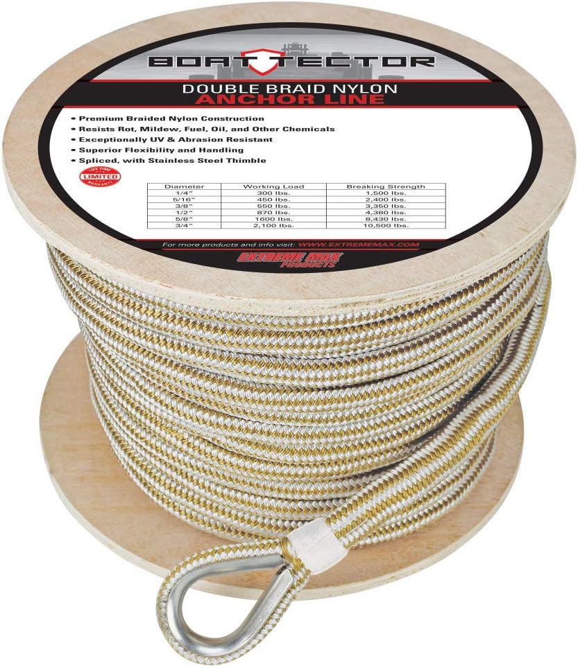 Extreme Max 3006.2273 BoatTector Premium Double Braid Nylon Anchor Line with Thimble - 5/8" x 200', White & Gold