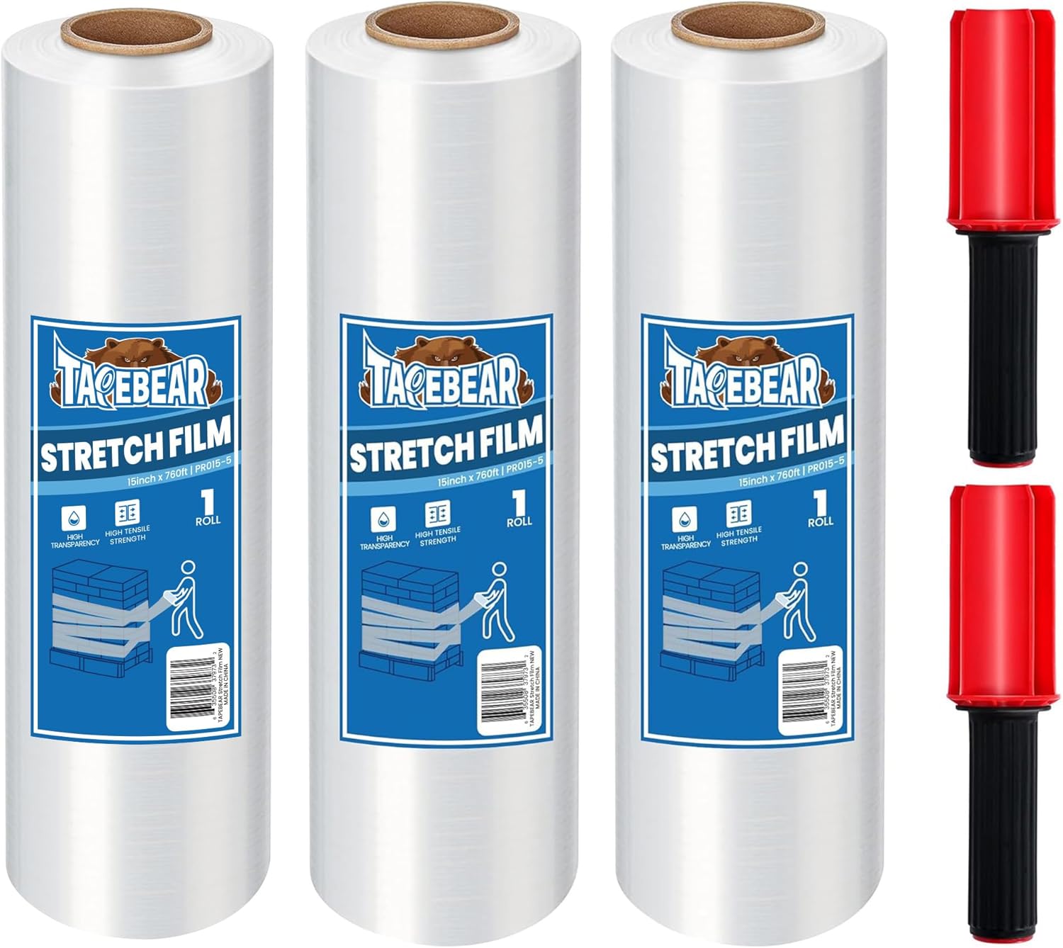 TAPEBEAR Stretch Wrap Film 15" x 760Ft Shrink Wrap Roll with Handles, Industrial Strength Clear Plastic Wrap Self-Adhering for Furniture Moving, Luggage Packing, Pallet Wrap, 60 Gauge, 3Rolls