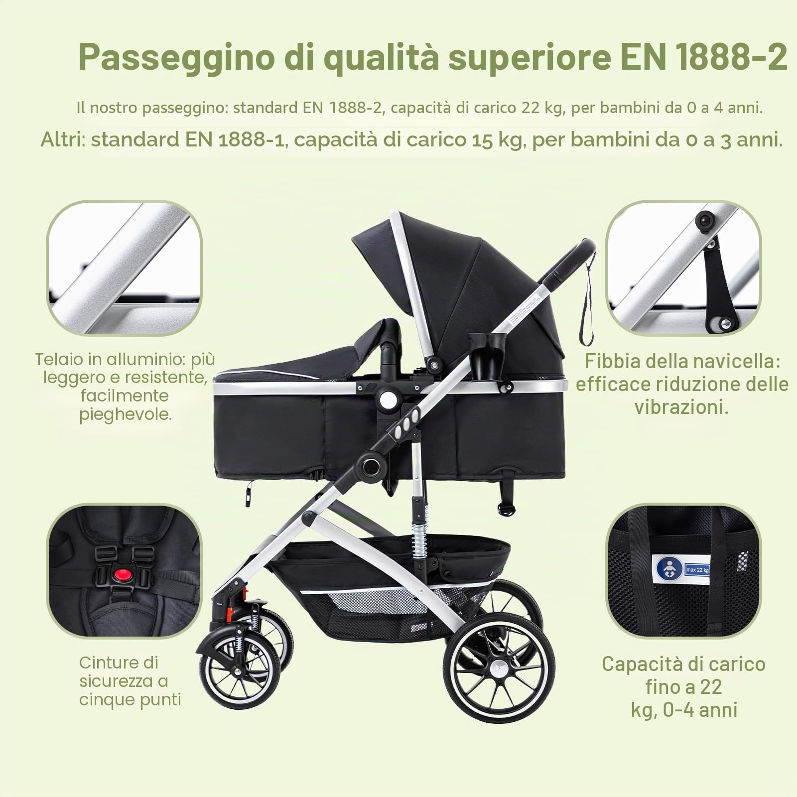 Gcarebb Passeggino 3 in 1 con seggiolino auto, portatile, con un clic, pieghevole, con telaio in alluminio, per neonati da 0 a 4 anni