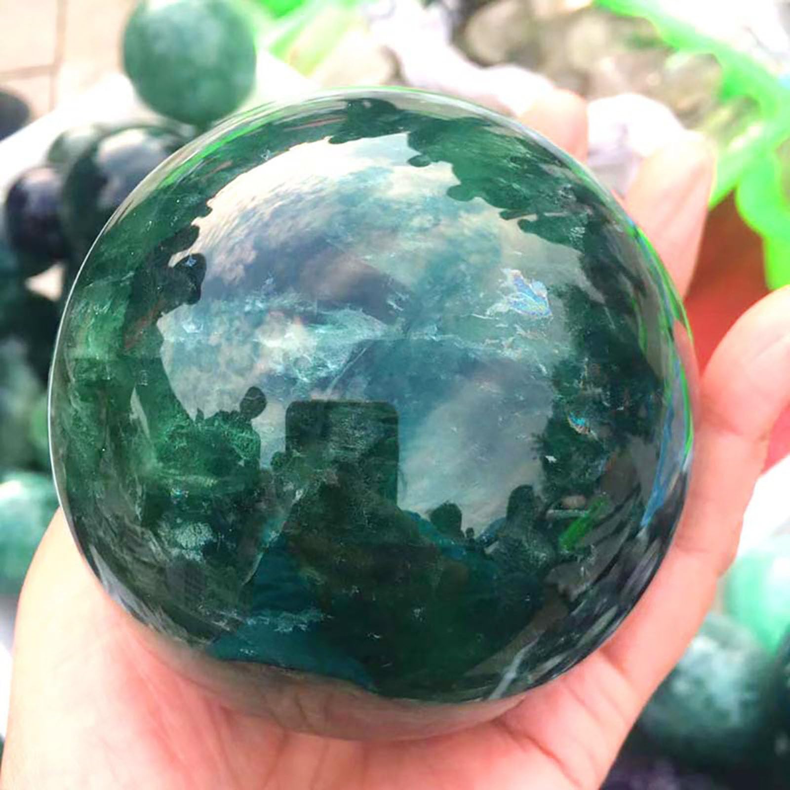 Adorno de Bola de Cristal de fluorita Verde, Escultura de orbe de Piedra de Cristal Feng Shui, Esfera Decorativa de Piedra Pulida de Escritorio para adivinación y decoración,50~60mm