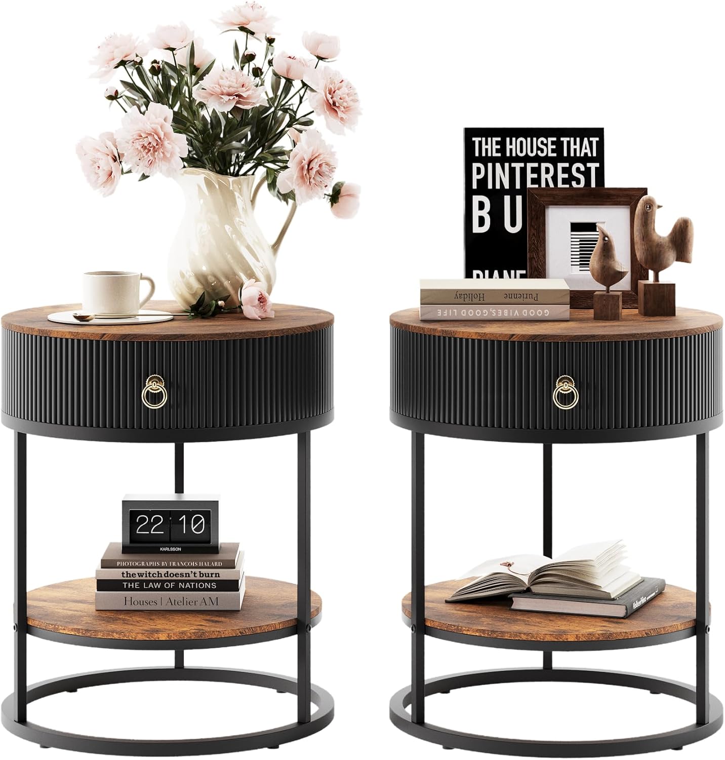 COSIEST Round End Table Set of 2, Modern Side Table with Storage, Industrial Nightstand with Drawer & Shelf, Small Bedside Table with Wood Grain for Bedroom, Office, Rustic Brown and Black