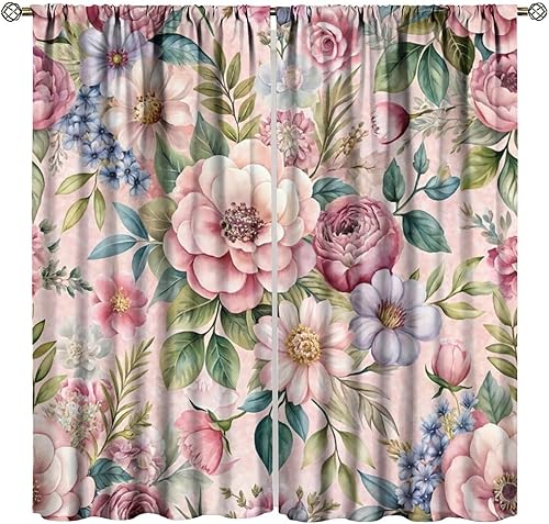 Miniatura 83 de Retro 70s Floral Blackout Window Curtains, Watercolor Flower Plant Rustic Modern Style Pattern Window Drapes, for Bedroom Living Room 42x45in 2