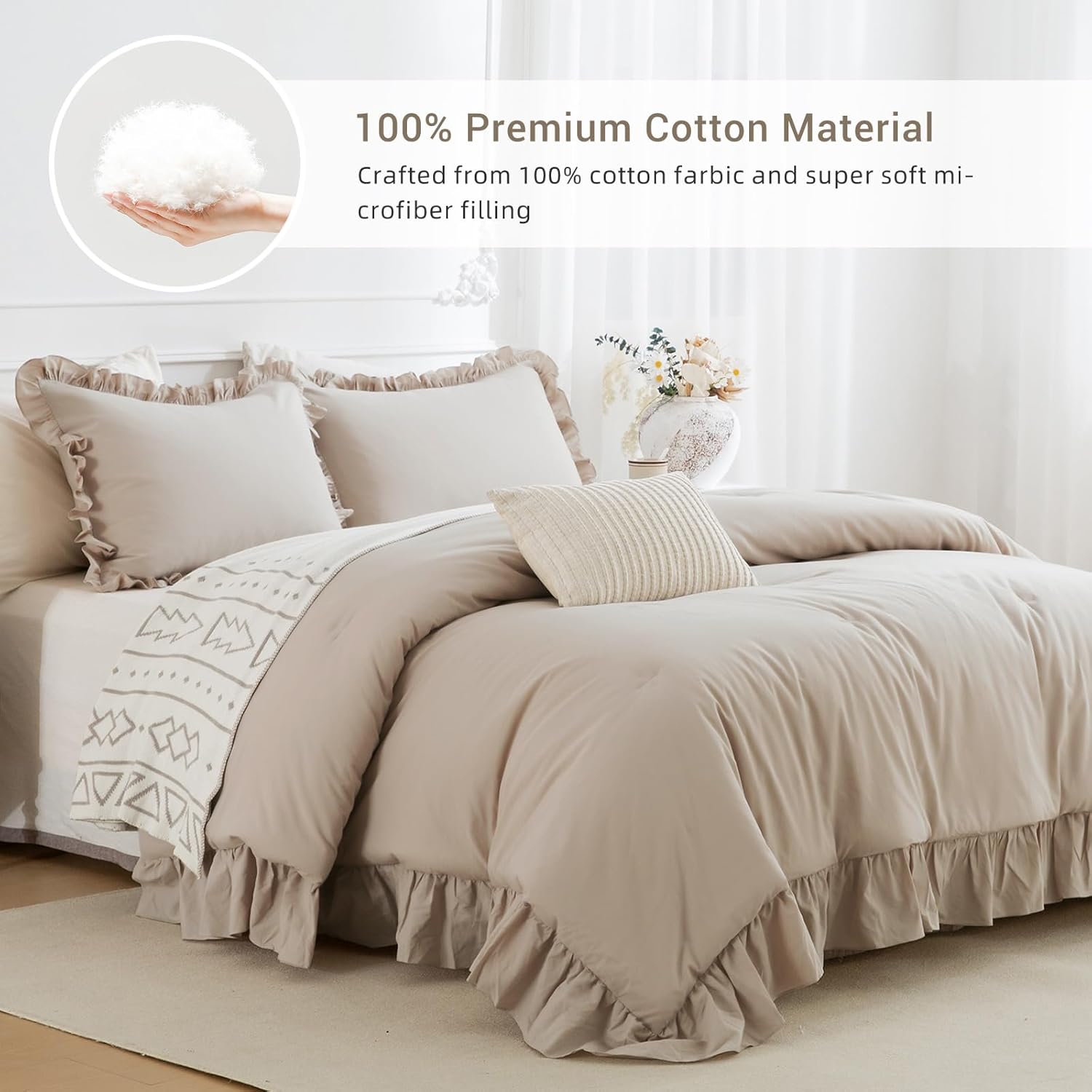 CozyTide Farmhouse King Size Comforter Set,Cotton Shabby Boho Chic Bedding Ruffled Linen Feel Textured King Comforter Vintage Rustic French Country Bedding Sets 3 Pieces - Image 3