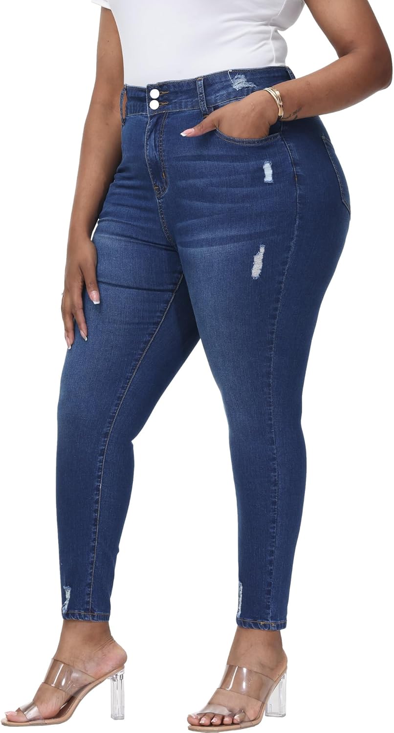 Womens Plus Size Skinny Jeans Stretchy High Waisted Ripped Distressed Ankle Jean - Image 3