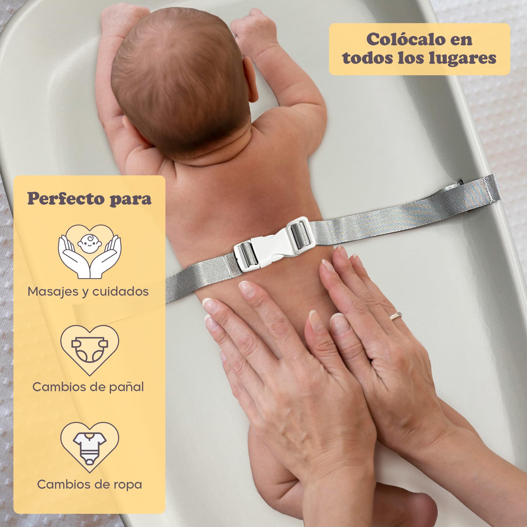 Cambiador Bebé 50x70 cm de Espuma PU Suave (No Rígido), Impermeable e Higiénico, Antideslizante, Bordes Elevados, Cinturón de Seguridad y Medidor Estatura, Portátil para Cómoda, Cama o Viaje (Beige)