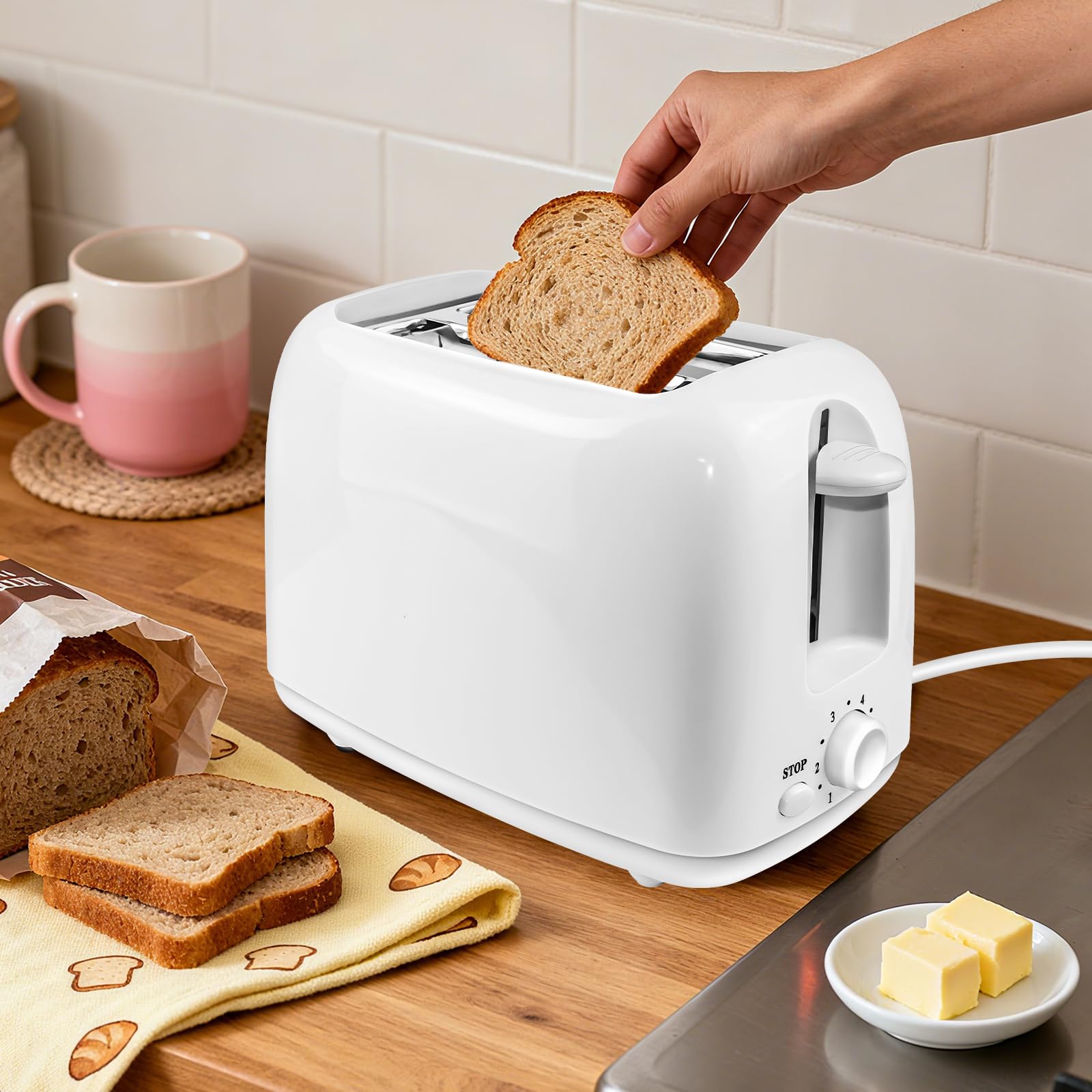 Toaster 2 Slice with 6 Browning Settings, High Lift, Reheat, Defrost, Cancel, Anti-Jam, Removable Crumb Tray, Compact 2 Slice Toaster, White