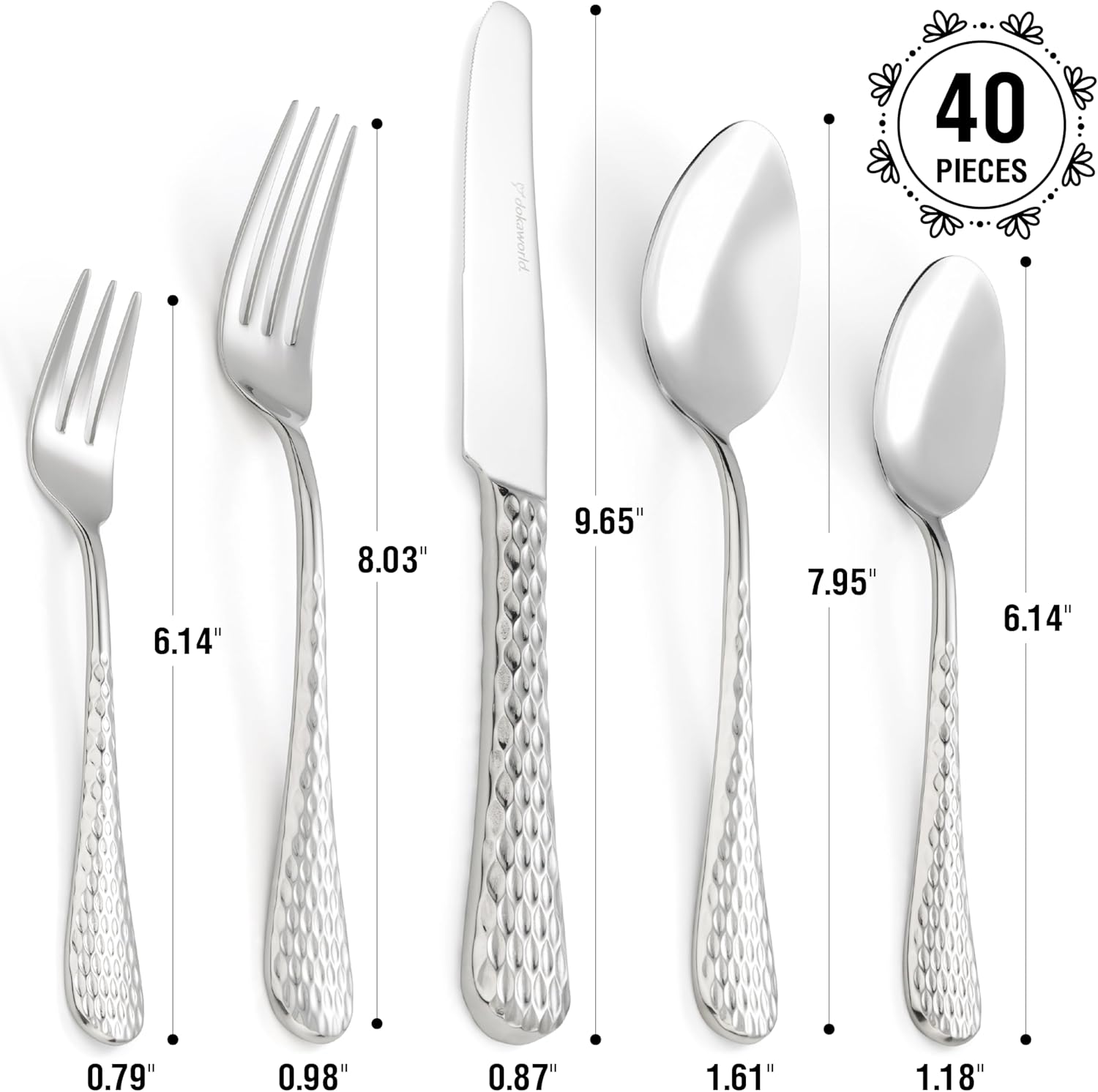 Hammer Design Flatware, Silverware Set for 8 persons, 40 Piece - Spoons, Forks, and Knives 18/10 Stainless Steel, Dishwasher Safe