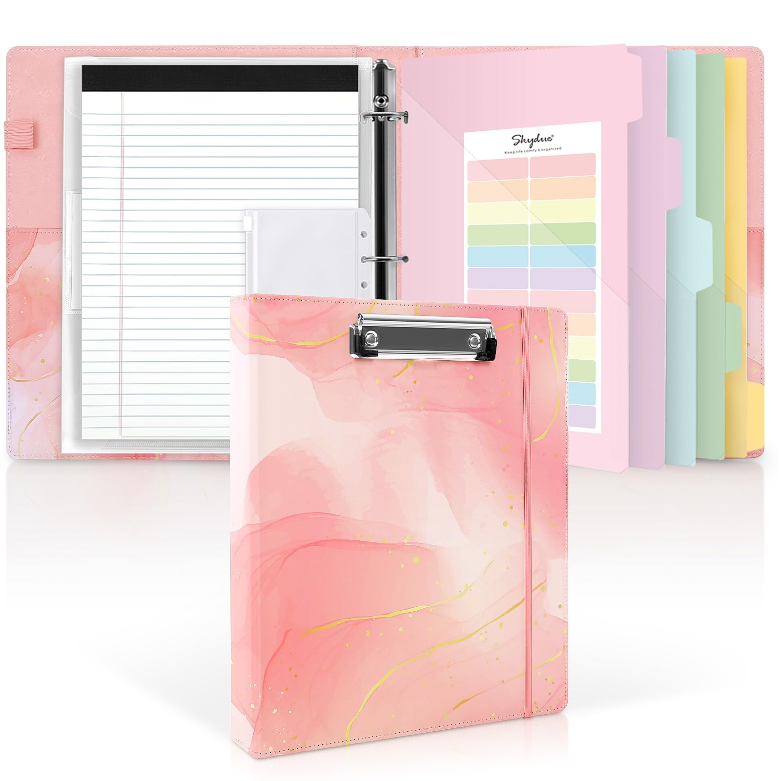 SKYDUE 1 Inch 3-Ring Binder with Clipboard, PU Binder with 5 Dividers, Notepad, Stickers & Pockets for Work and School - Aesthetic Binder (Letter Size)