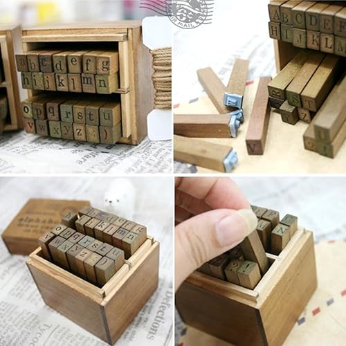 Miniatura 5 de DEAD SKIN Juego de sellos del alfabeto de madera, fuente mayúscula vintage, grano de madera natural, 26 letras y 2 símbolos, mango largo, sello de