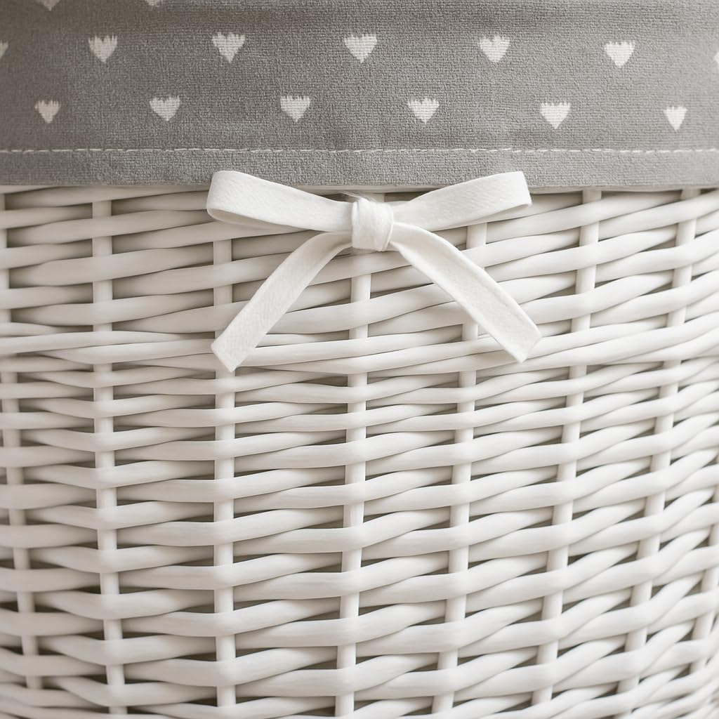 CESTA OVALE IN VIMINI BIANCA DECORO CUORE PORTABIANCHERIA 49*36*55 CM