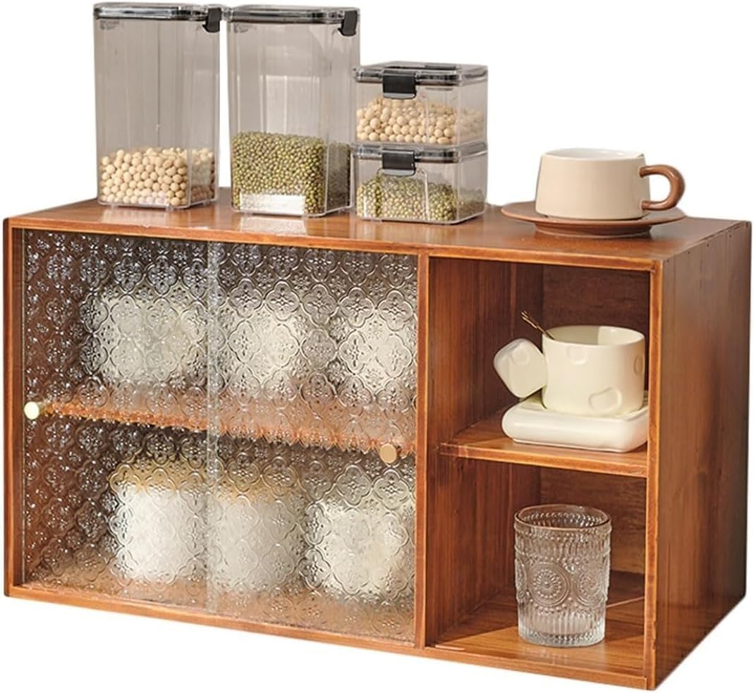 Small Kitchen Pantry Cabinet Countertop Display Solid Wood Sideboard with Glass Doors, Cupboard Food