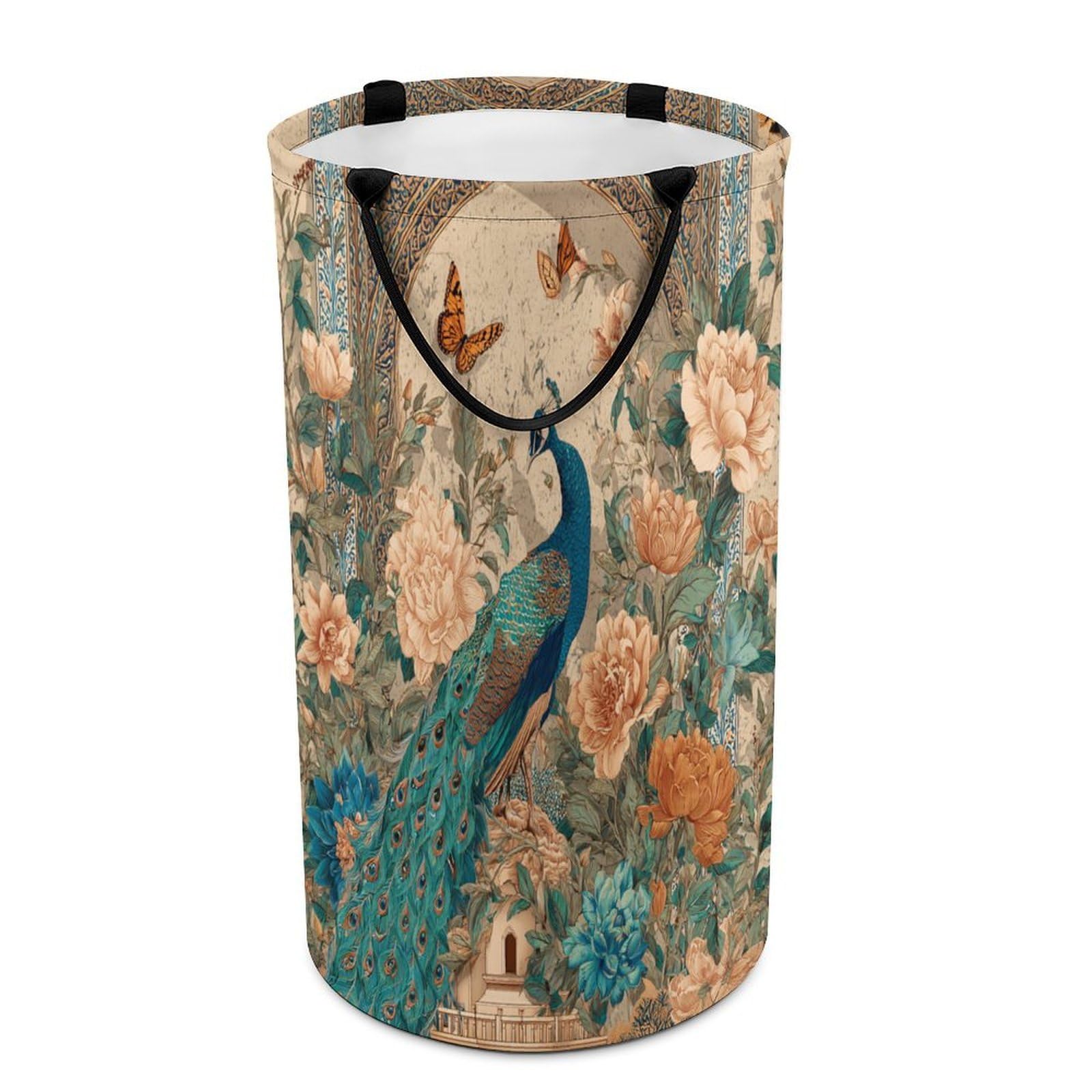 LUYYSKY Classic Realistic Elegant Peacock Collapsible Dirty Clothes Basket, Rustic Bohimian Animal Butterflies Peacock Plant Flowers Portable Clothes Storage Laundry Basket-40 CM Dia, 69 CM High