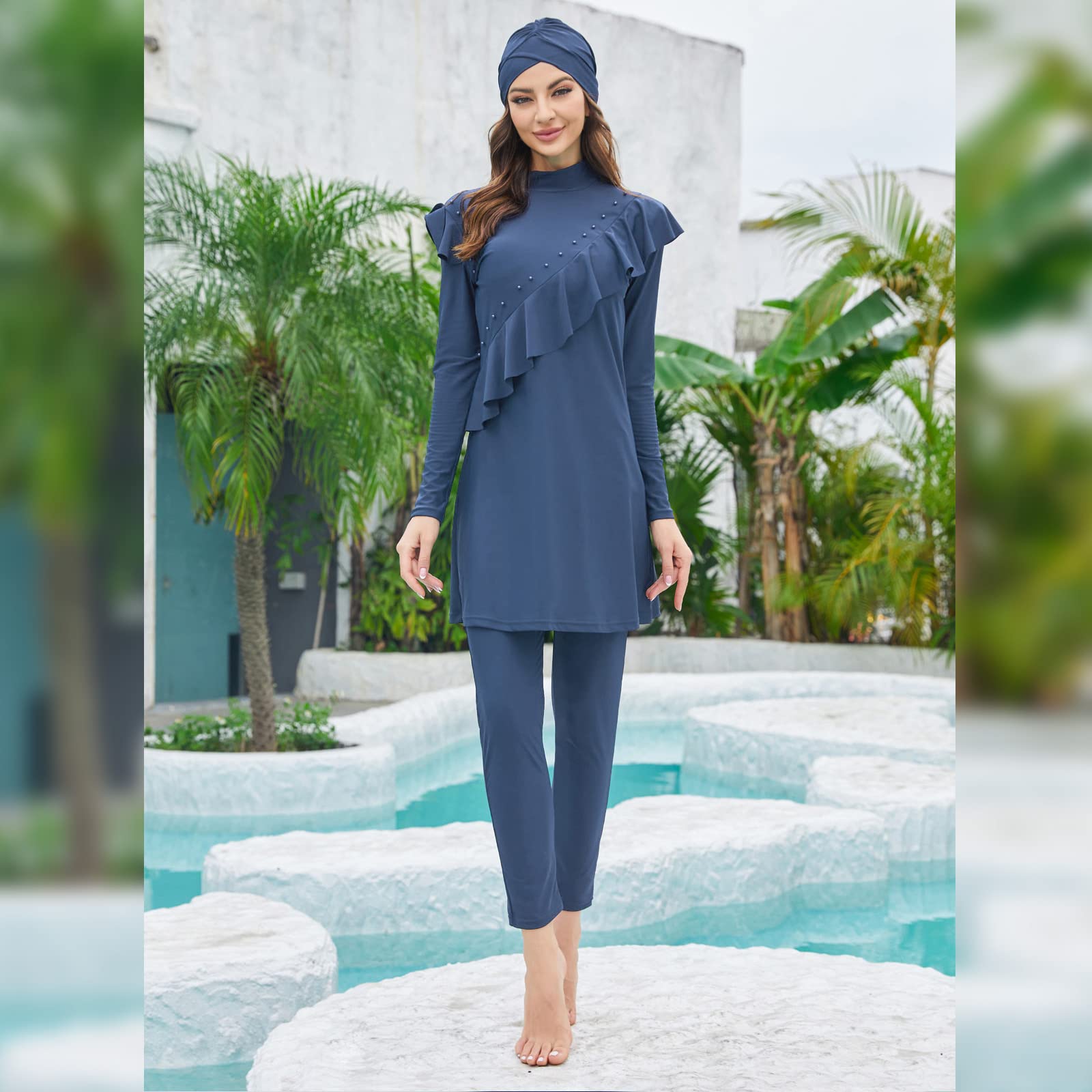 Burkini Swimsuits for Women Modest Muslim Swimsuit Islamic Swimming Suits Swimwear Burkinis Full Cover Hijab Swim Shirt Middle East Arabian Pants Swim Cap 3 Piece Bathing Suits Blue Beads X-Large