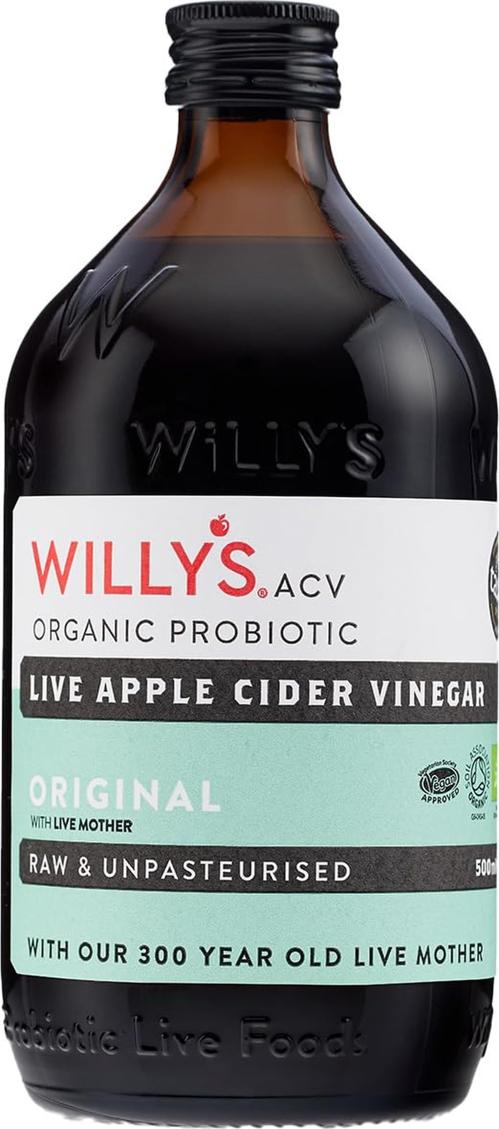 WILLY'S Apple Cider Vinegar with Live Mother - Probiotics For Detox & Gut Health - 500ML Glass Bottle - Organic, Raw, Unpasteurised, Naturally Fermented ACV