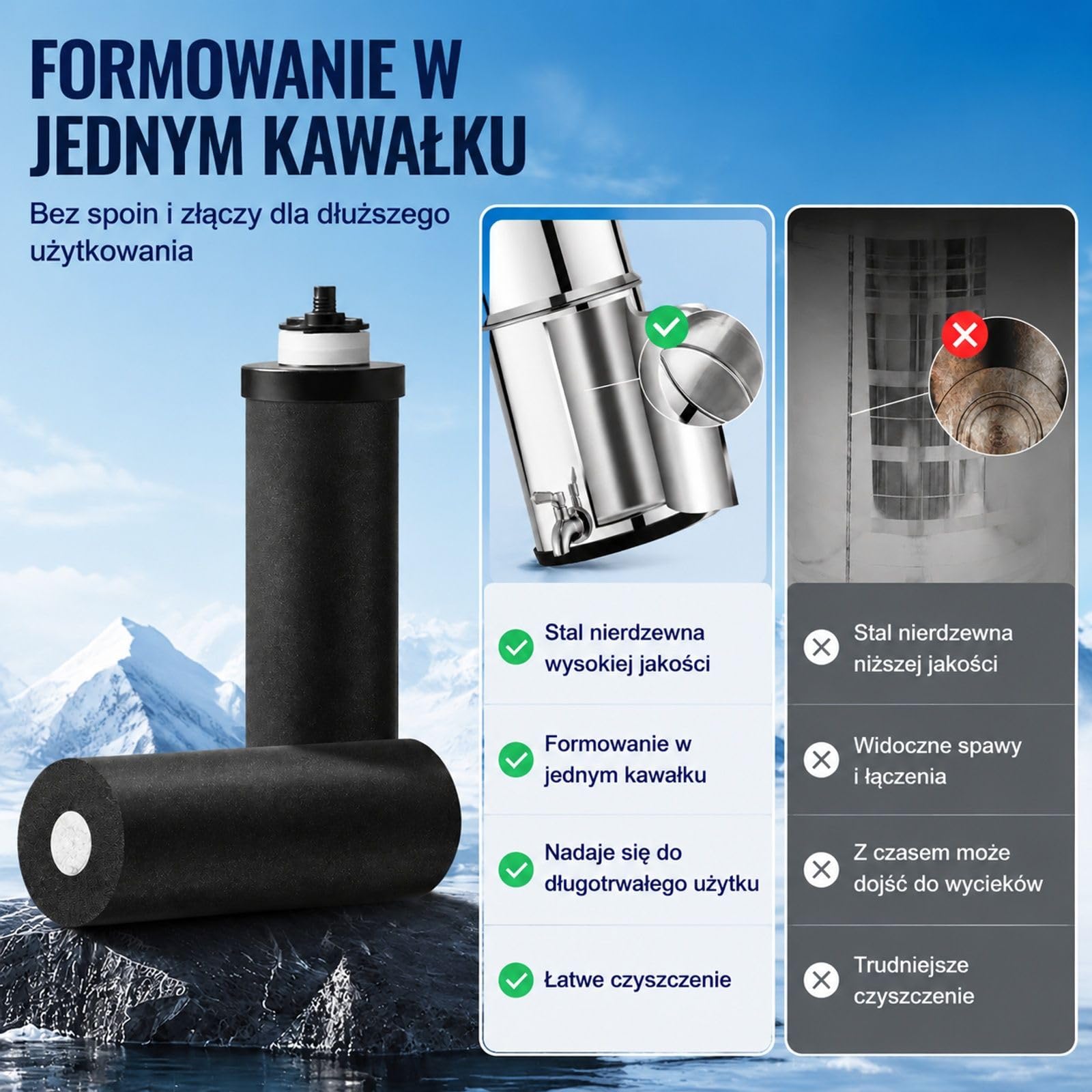 Grawitacyjny system filtracji wody, stal nierdzewna, model blatowy, górna komora 7 l, dolny zbiornik 8,5 l, 2 wkłady węglowe, kranik, kemping, kamper, dom