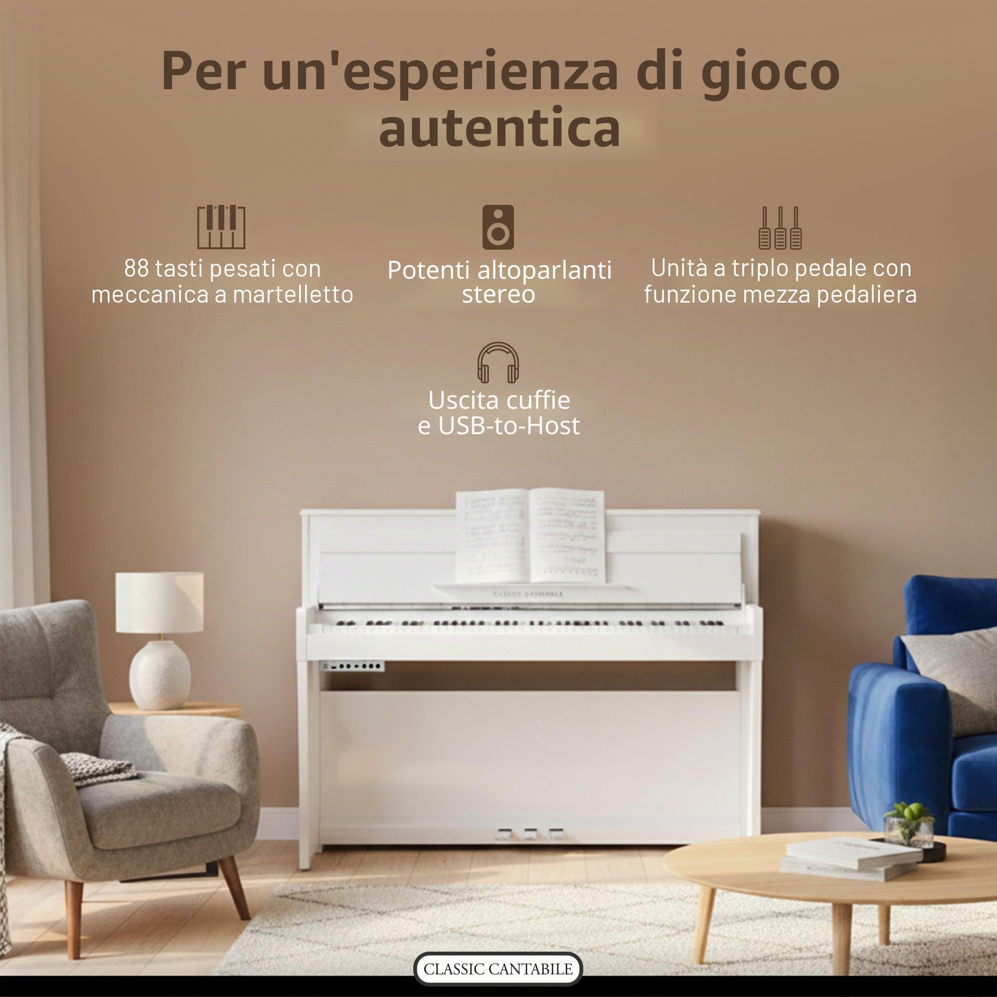 Classic Cantabile UP-1 WM Pianoforte Verticale Digitale - 88 Tastiera pesata - Pianola musicale con USB, MIDI, 256 polifonia, 40 voci - Piano digitale Set con Panca e Cuffie - Bianco Opaco
