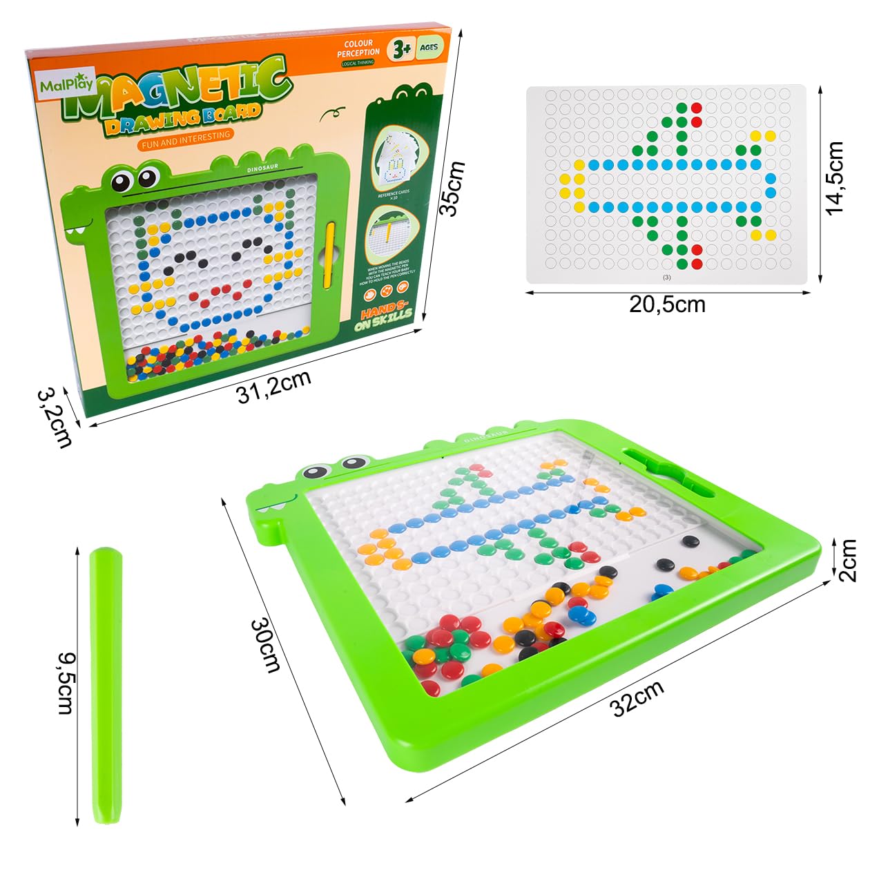 MalPlay Montessori tablica magnetyczna dla dzieci, koraliki mozaikowe, szablony puzzli dinozaurów, 20 różnych szablonów, od 3 lat, gra magnetyczna