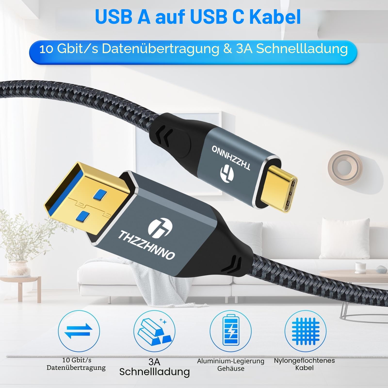 USB A auf USB C Kabel 3M 5 Stück, USB 3.1 USB 3.2 Gen2 10 Gbit/s Datenübertragungskabel für Samsung Galaxy/iPhone 15/MacBook Pro/iPad Pro