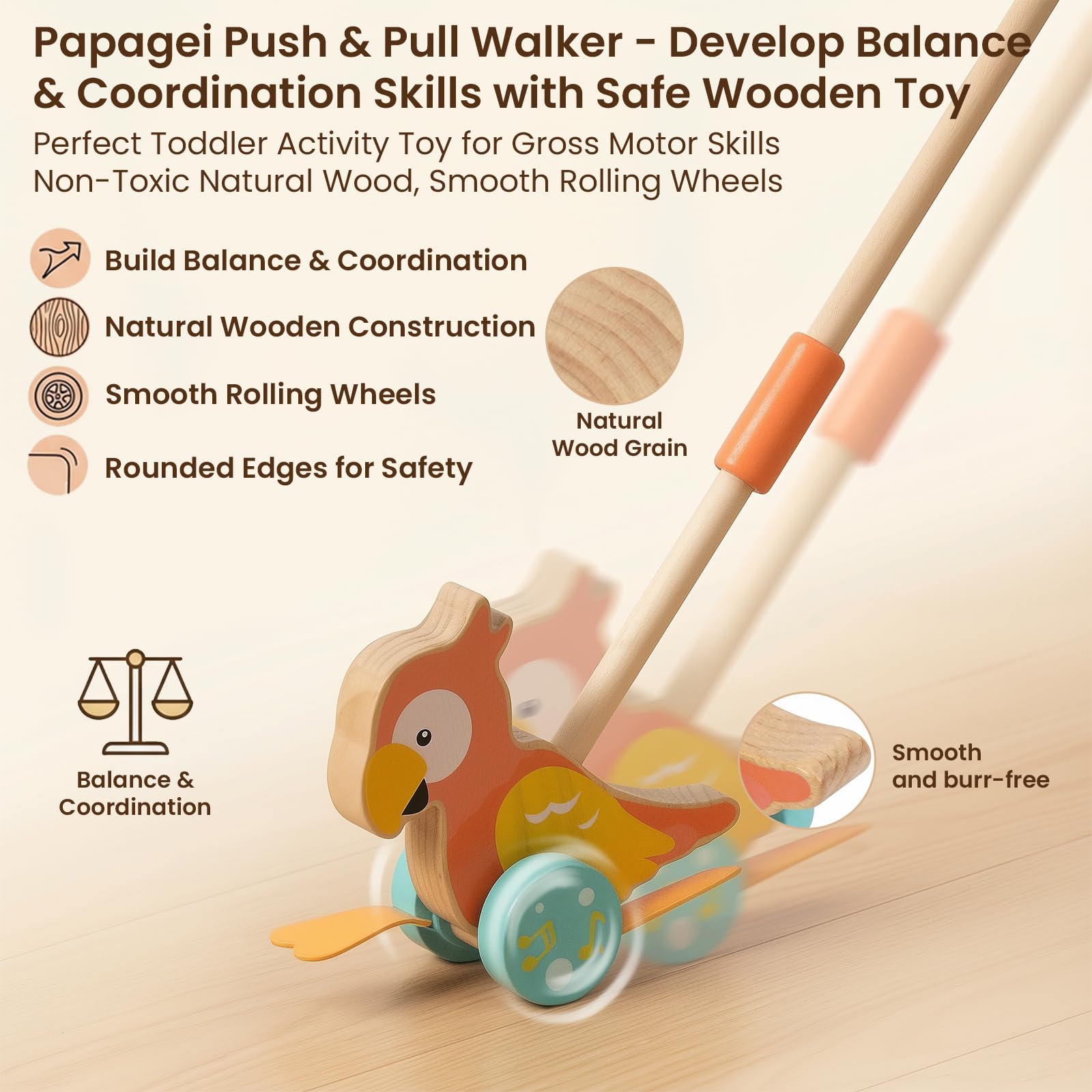 WoodenFun Push-Along Animal Wooden Walking Toy for Toddlers Push and Pull Wooden Cart for Baby Learning to Walk Montessori Toy (Parrot) - Image 3