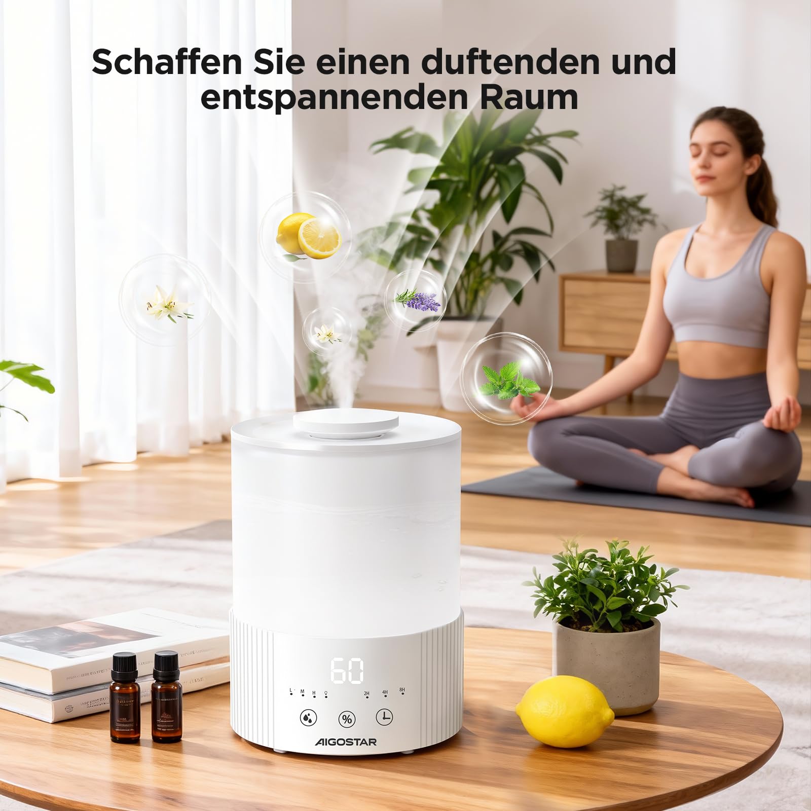 Aigostar Luftbefeuchter Schlafzimmer mit Hygrometer – 2,5 L Ultraschall Raumbefeuchter, 28 dB leise, Aroma Diffuser für ätherische Öle, 3 Nebelstufen & Timer – für Baby, Pflanzen & Büro