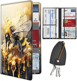 Car Registration Holder, Waterproof PU Leather Vehicle Glove Box Organizer for Driver License, Cards, Documents, Car Insurance Card Holder with Magnetic Closure, Bee Watercolor Paperwork Organizer