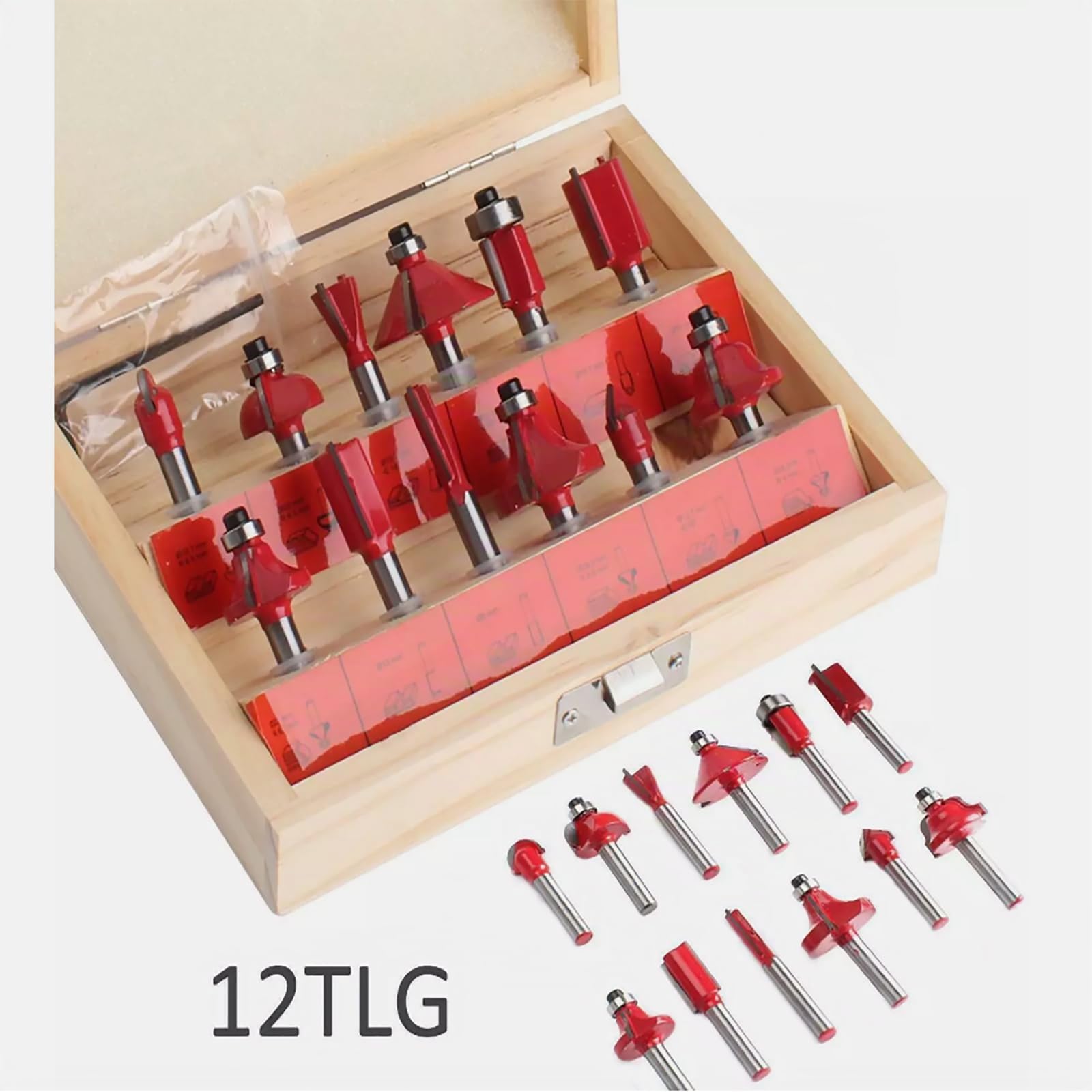 Lot de 12 fraises pour défonceuse à tige de 6 mm - Fraise à rainurer - Fraise à profiler - Avec coffret en bois pour le travail du bois (rouge)