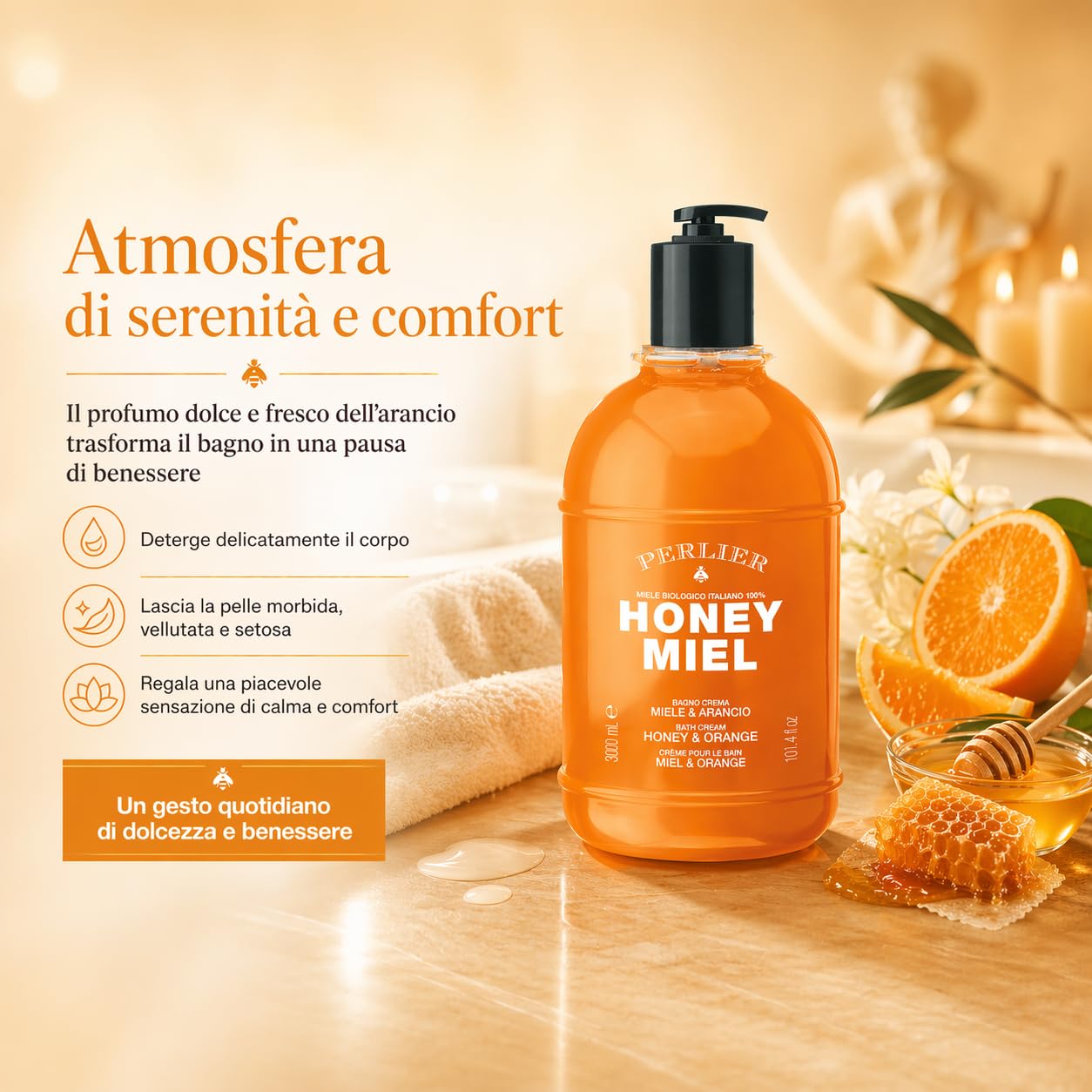 Perlier Honey Miel Bagno Crema Miele & Arancio 3 L con Dosatore – Detergente Corpo Nutriente, Profumazione Dolce e Agrumata, Pelle Morbida e Setosa, Maxi Formato
