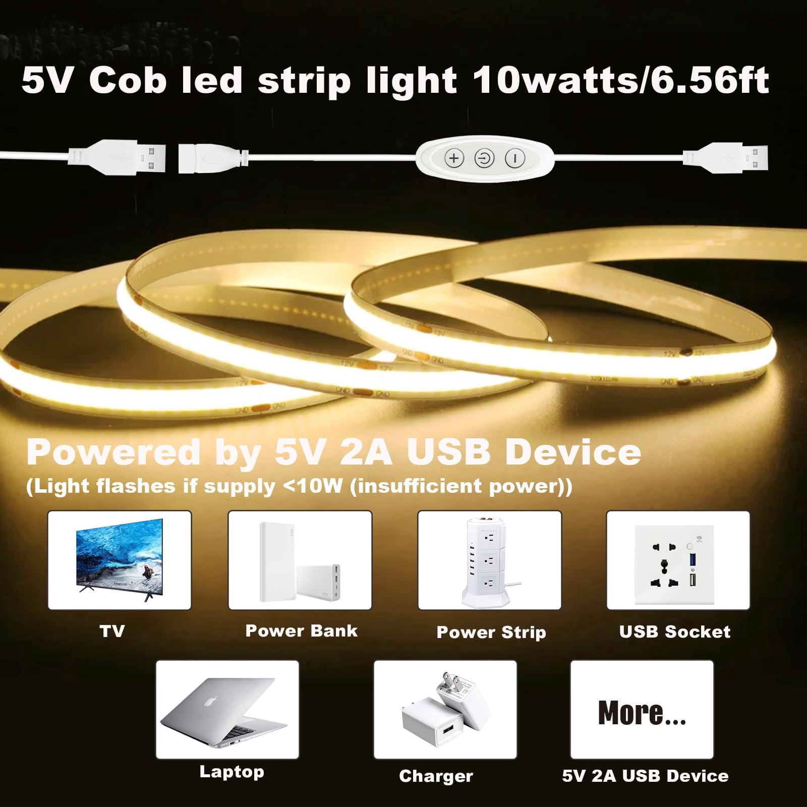 Striscia di luce USB bianca calda 3000K CRI92+ 5V COB striscia di luce LED con interruttore dimmer, striscia luminosa a LED da 10 W/6 piedi per mobili da cucina, camera da letto, illuminazione