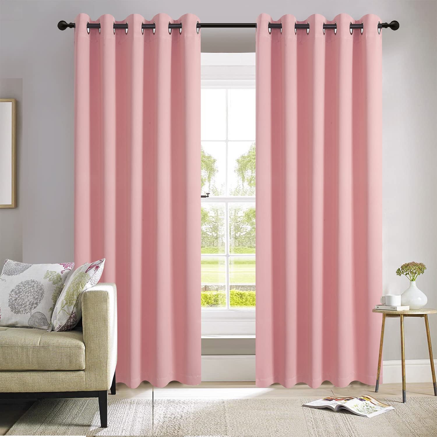 ROOEE Insulated Heavy Thick Thermal Blackout Curtains Eyelet Ring Top Pair โ Ideal for Living Room, Bedroom, Guest Room and Kids Bedroom (Blush Pink, 66" Wide x 90" Drop) โ image 1
