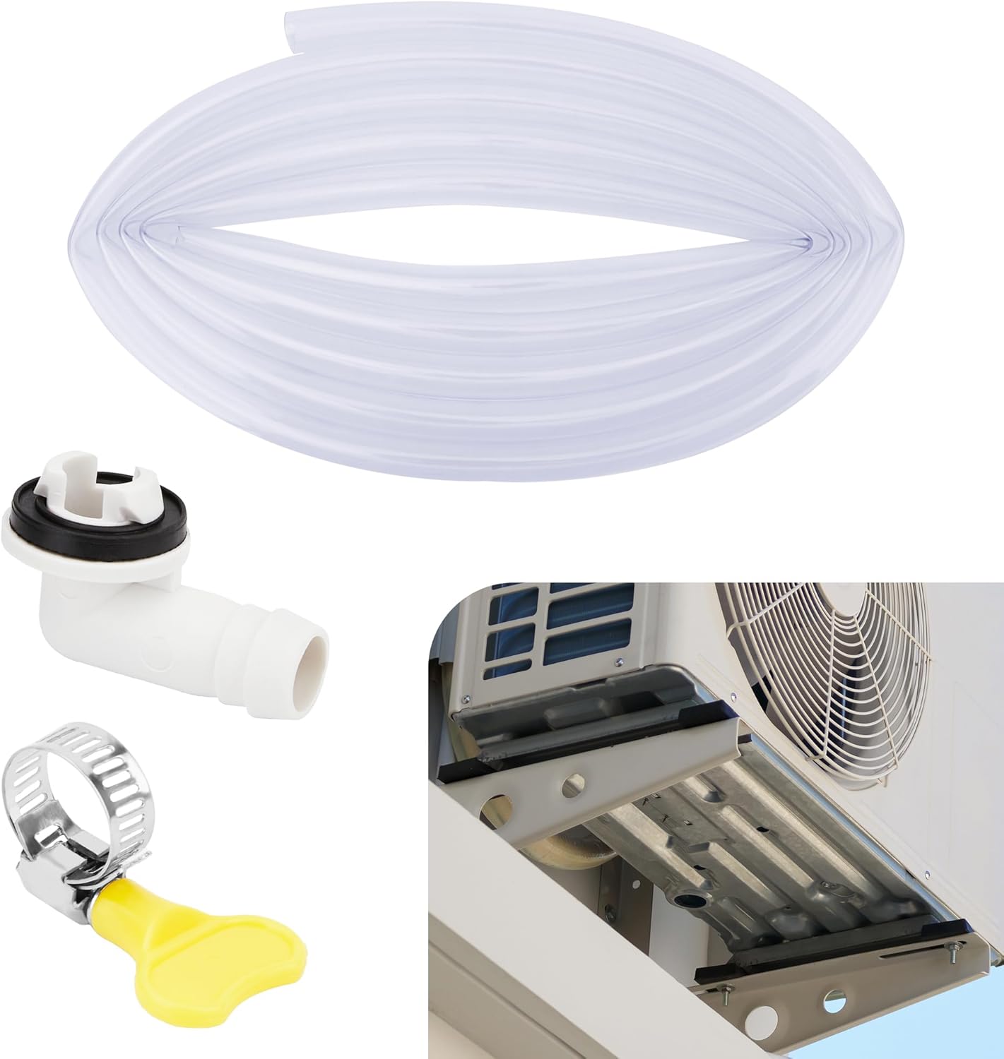 10Ft Air Conditioner Drain Hose, 3/5 inch Leakproof AC Drain Hose Kit, Replacement for Universal Mini-Split Unit, Window Air Conditioner Unit Parts, Hose Connector and Clamp